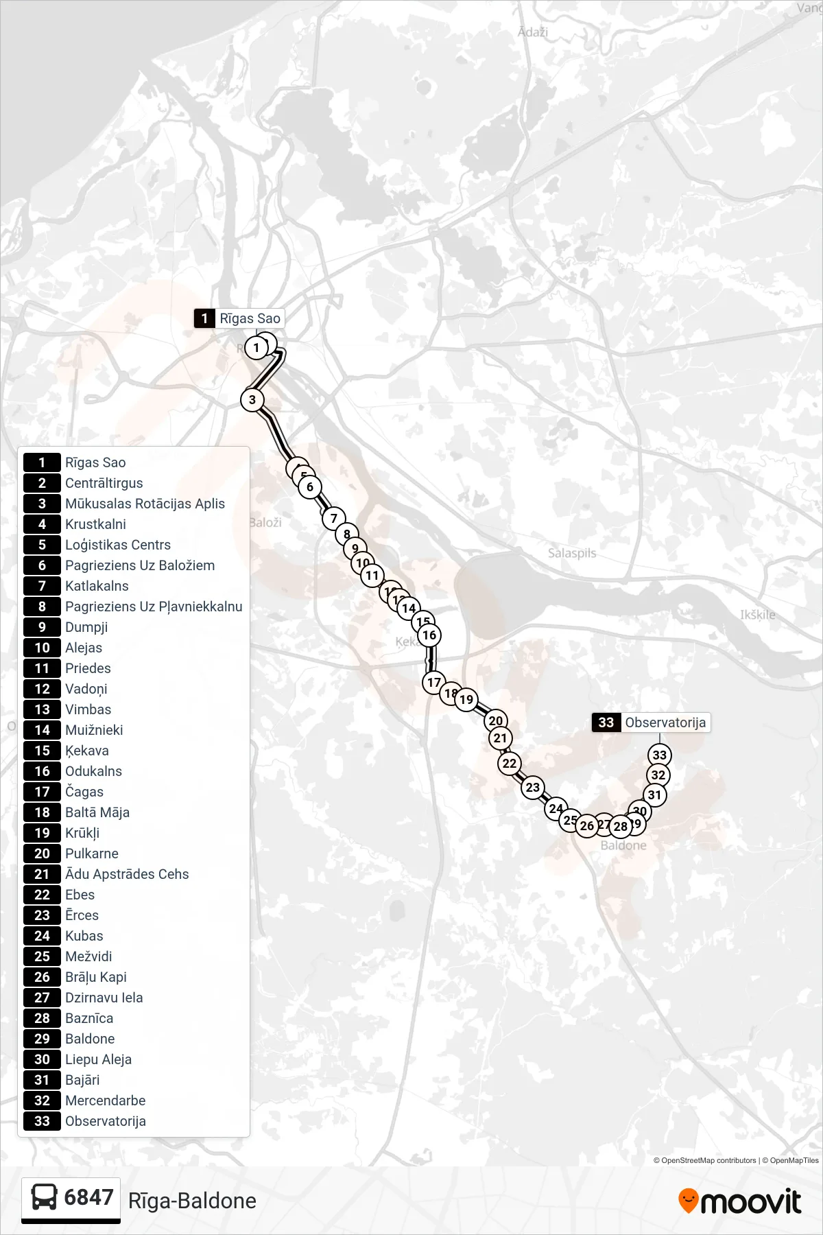 6847 bus Line (Observatorija) route and stops on a map