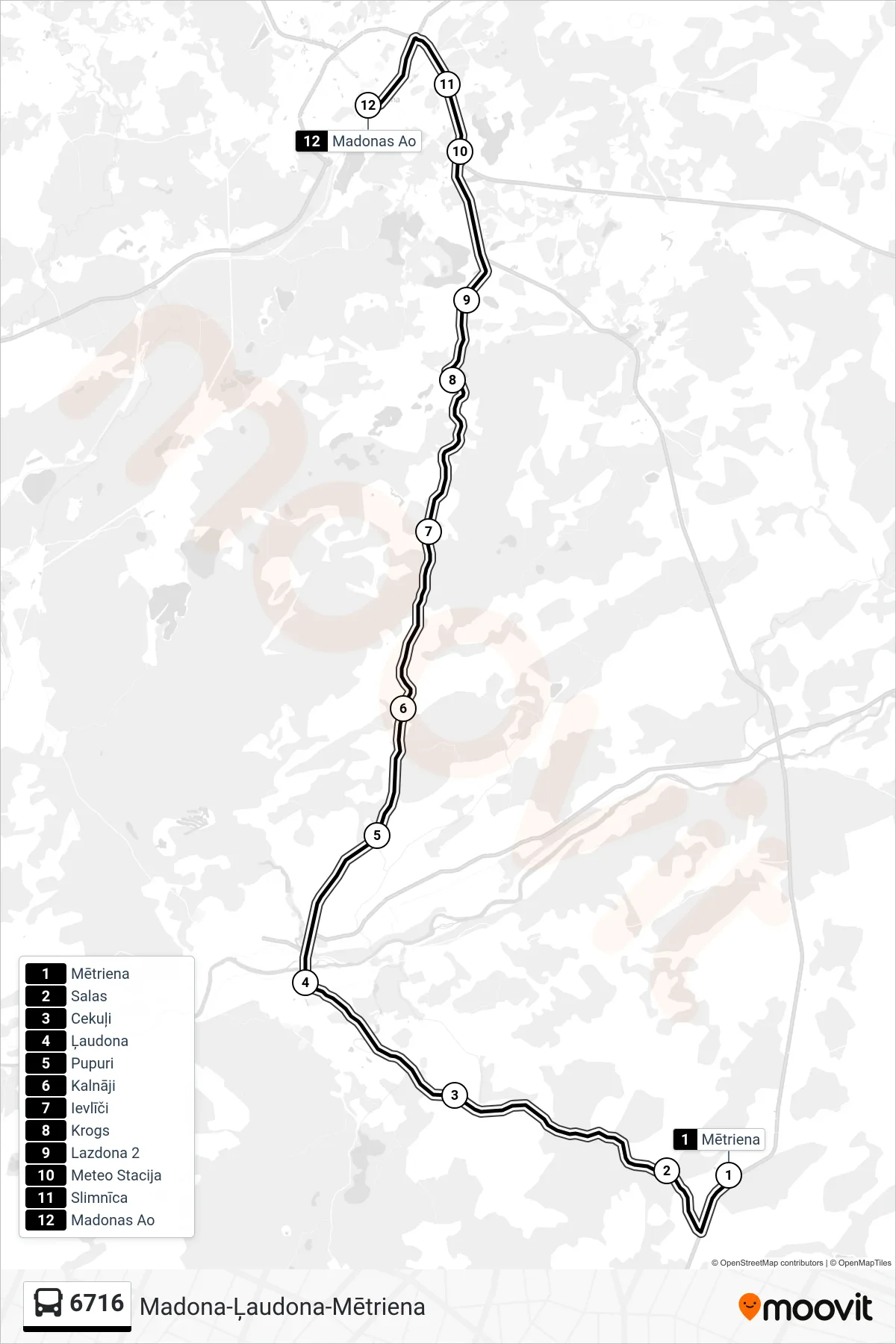 6716 bus Line (Madonas Ao) route and stops on a map