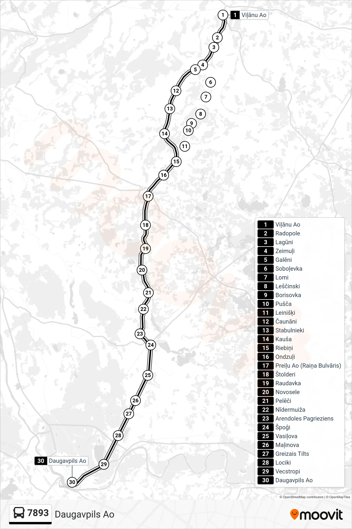 7893 bus Line (Daugavpils Ao) route and stops on a map