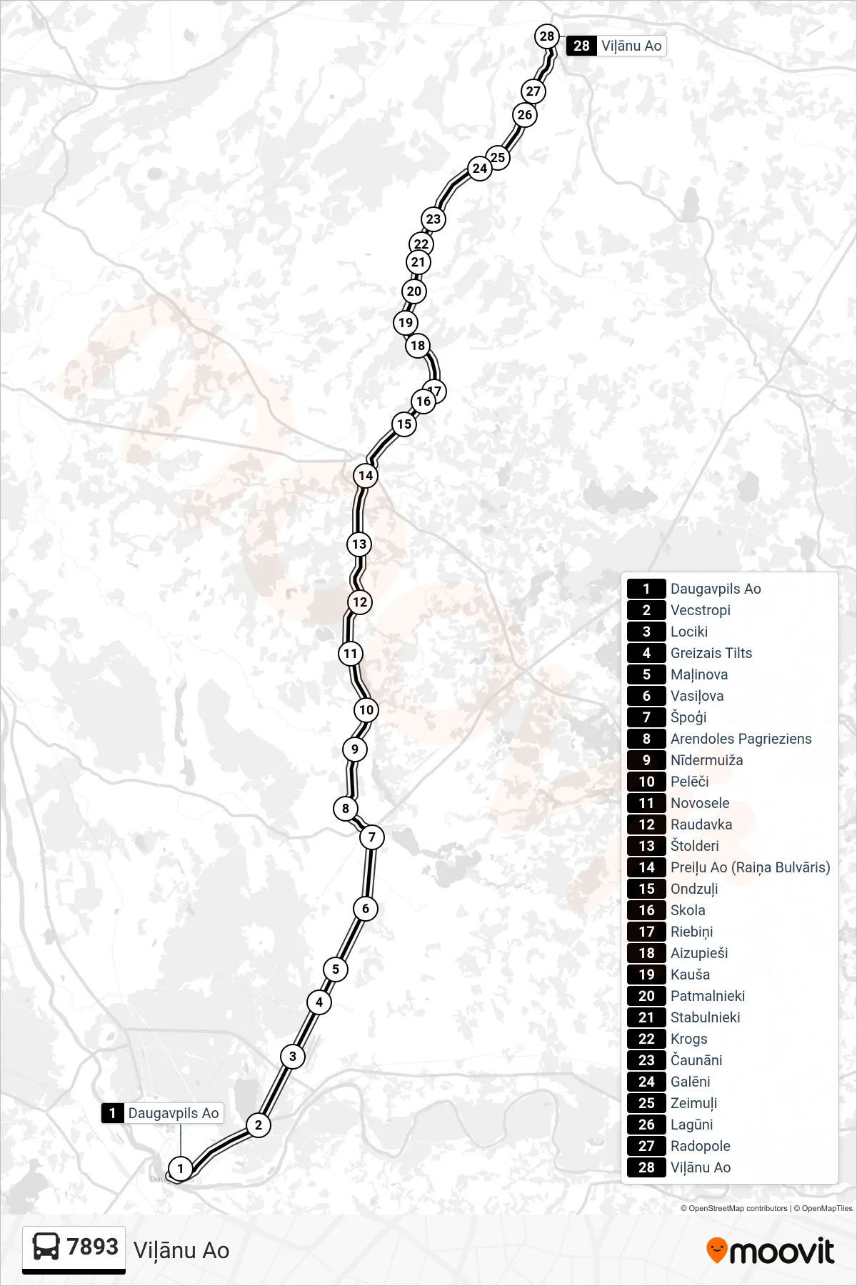 7893 bus Line (Viļānu Ao) route and stops on a map