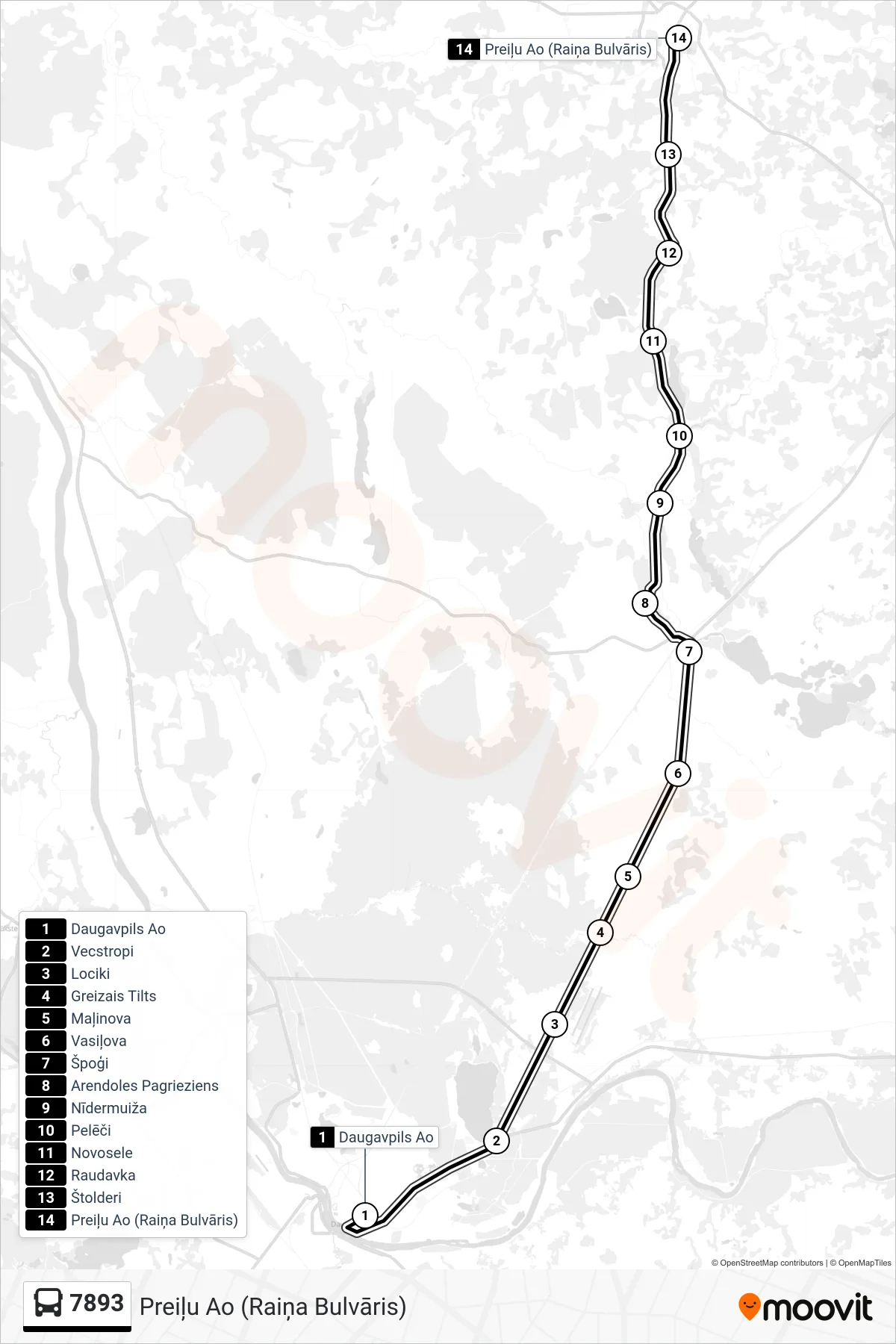 7893 bus Line (Preiļu Ao (Raiņa Bulvāris)) route and stops on a map