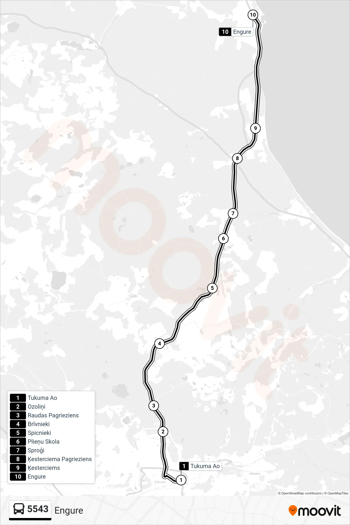 5543 bus Line (Engure) route and stops on a map