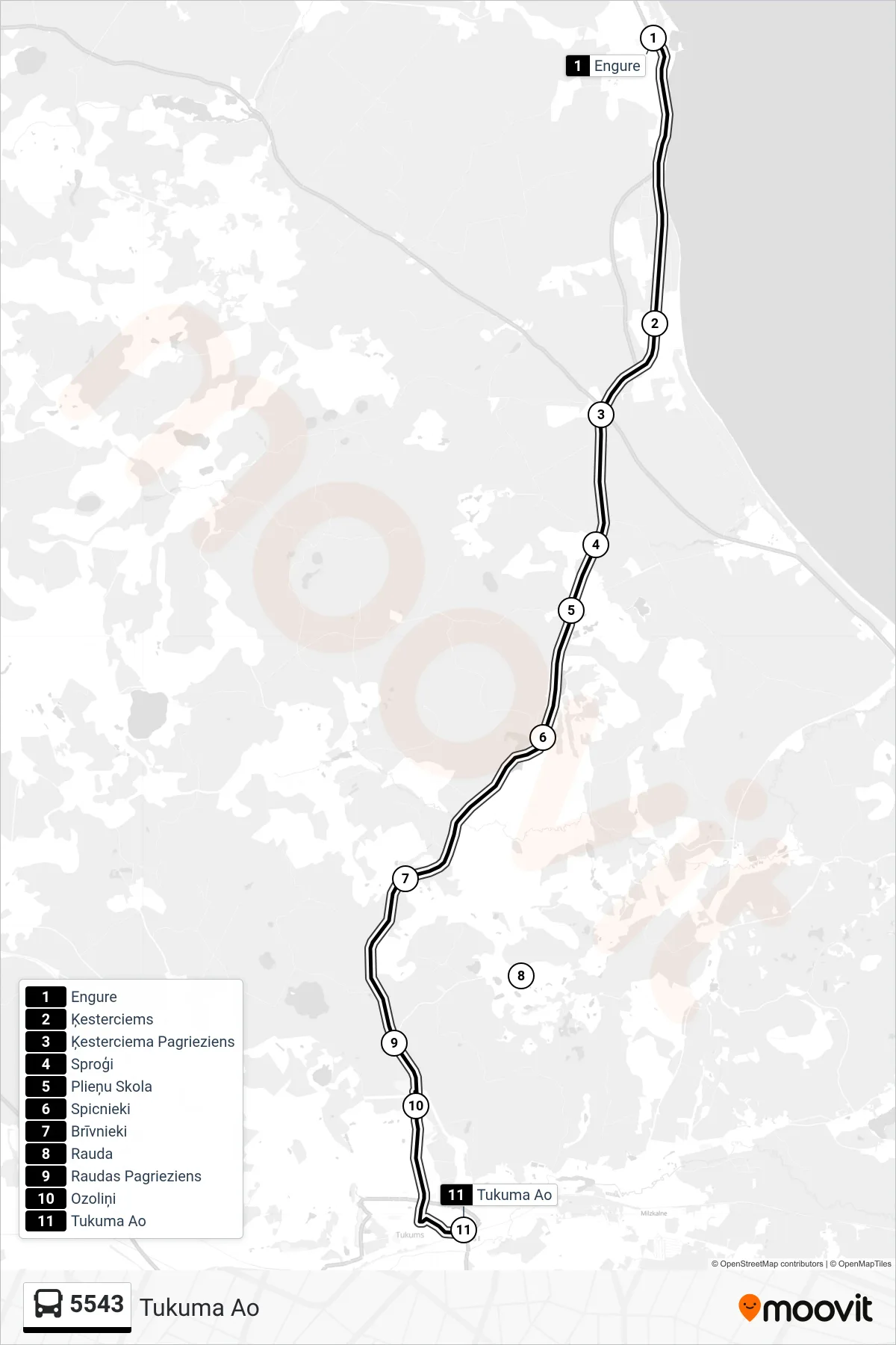 5543 bus Line (Tukuma Ao) route and stops on a map