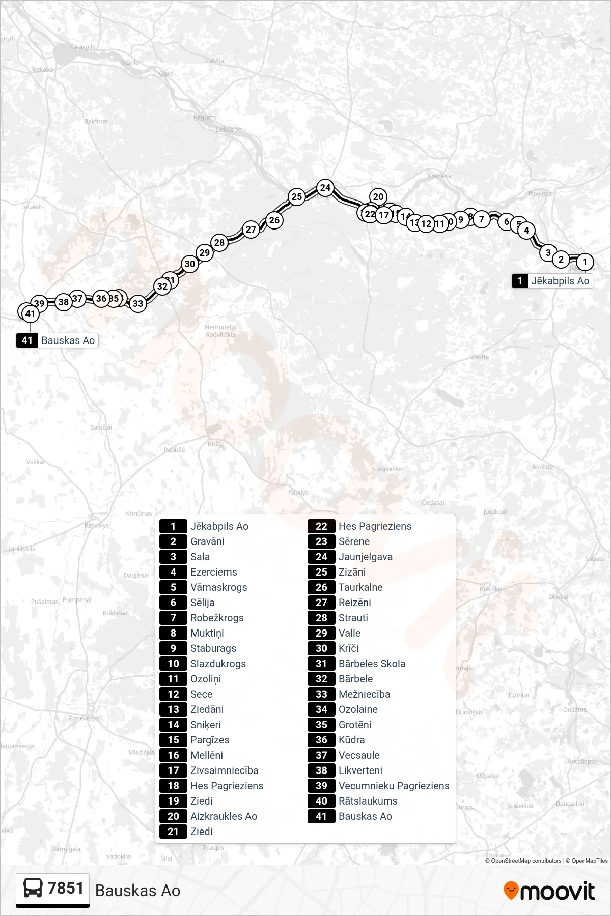 7851 bus Line (Bauskas Ao) route and stops on a map