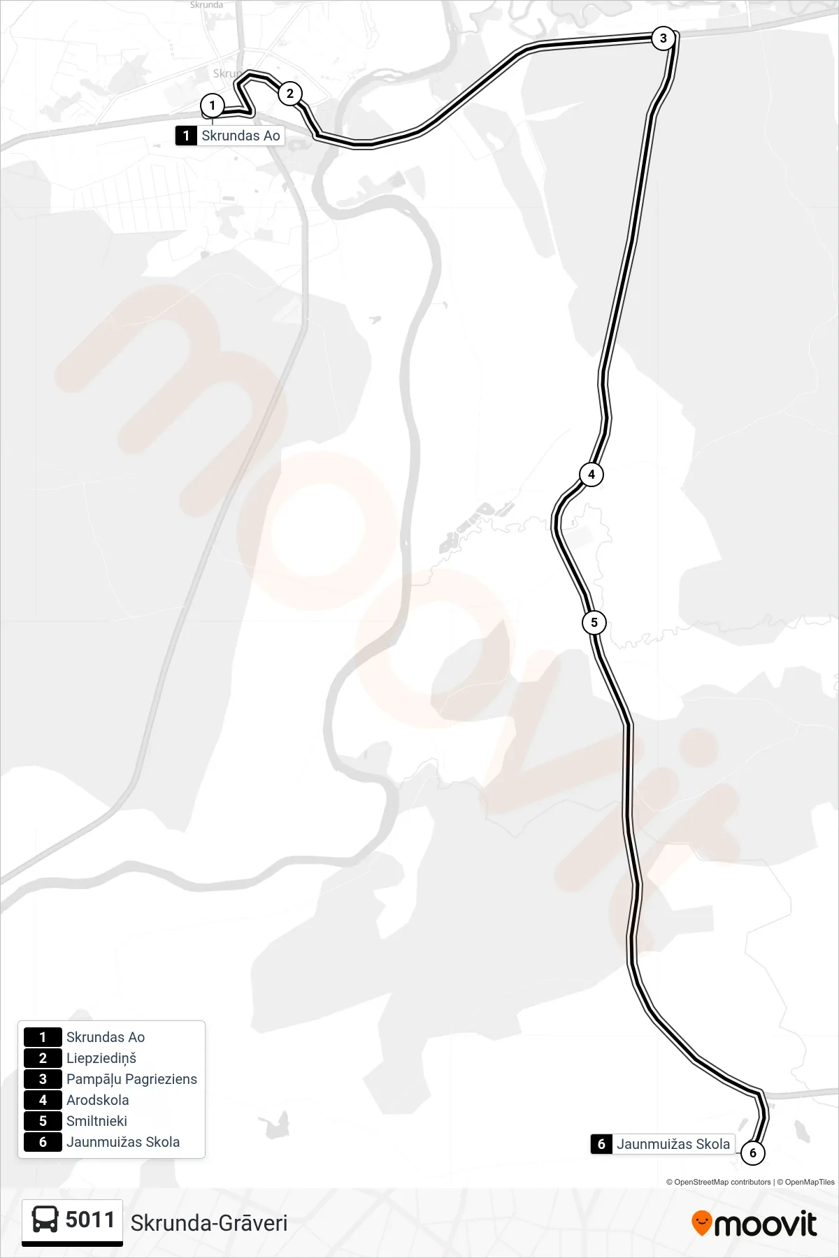 5011 bus Line (Jaunmuižas Skola) route and stops on a map