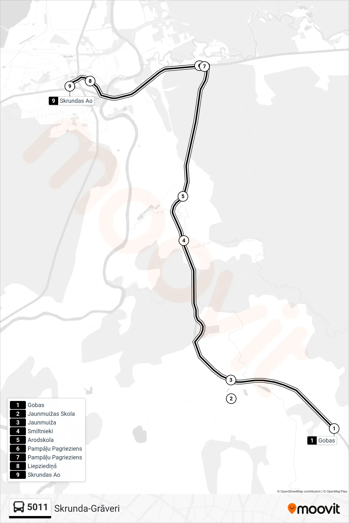 5011 bus Line (Skrundas Ao) route and stops on a map