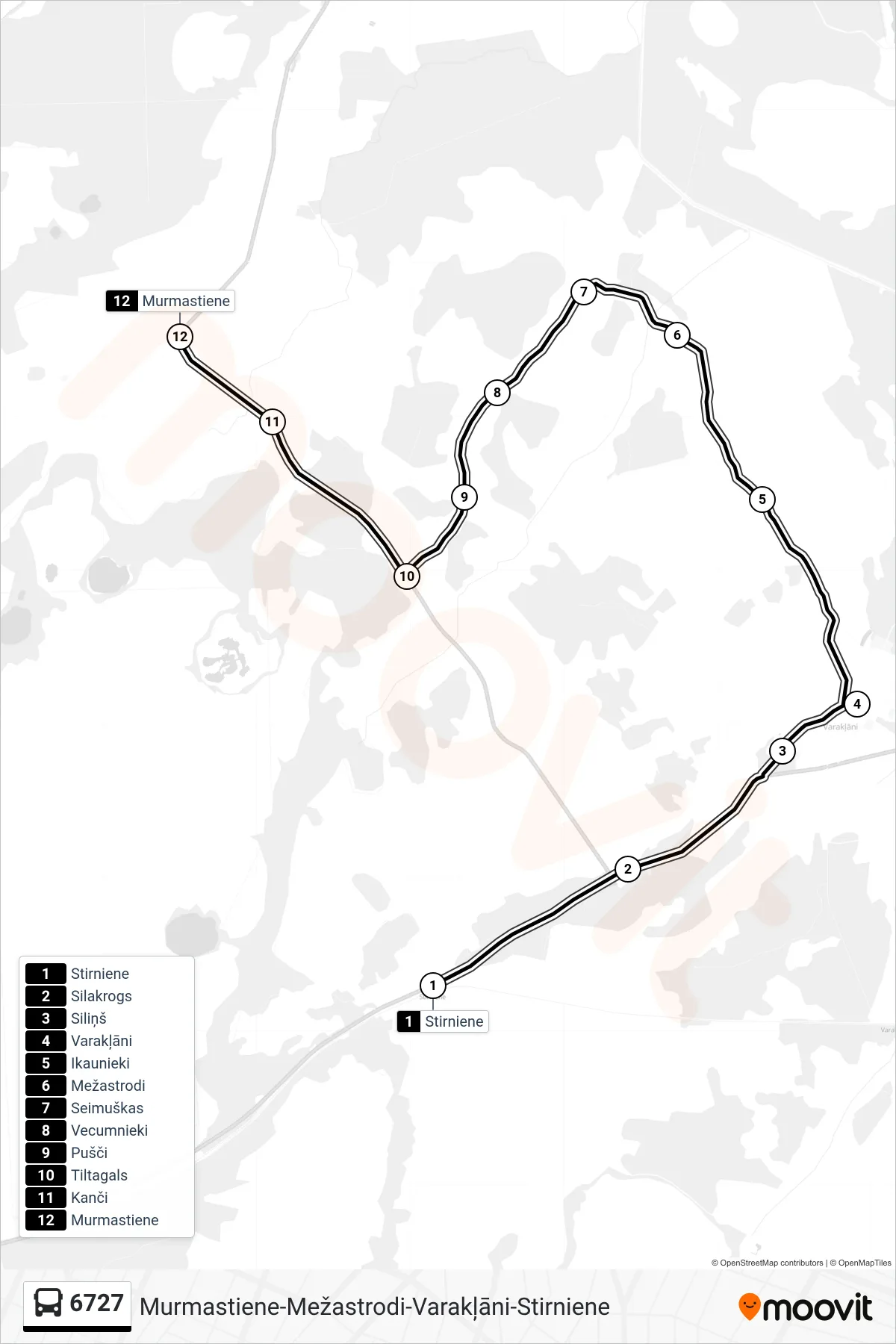 6727 bus Line (Murmastiene) route and stops on a map