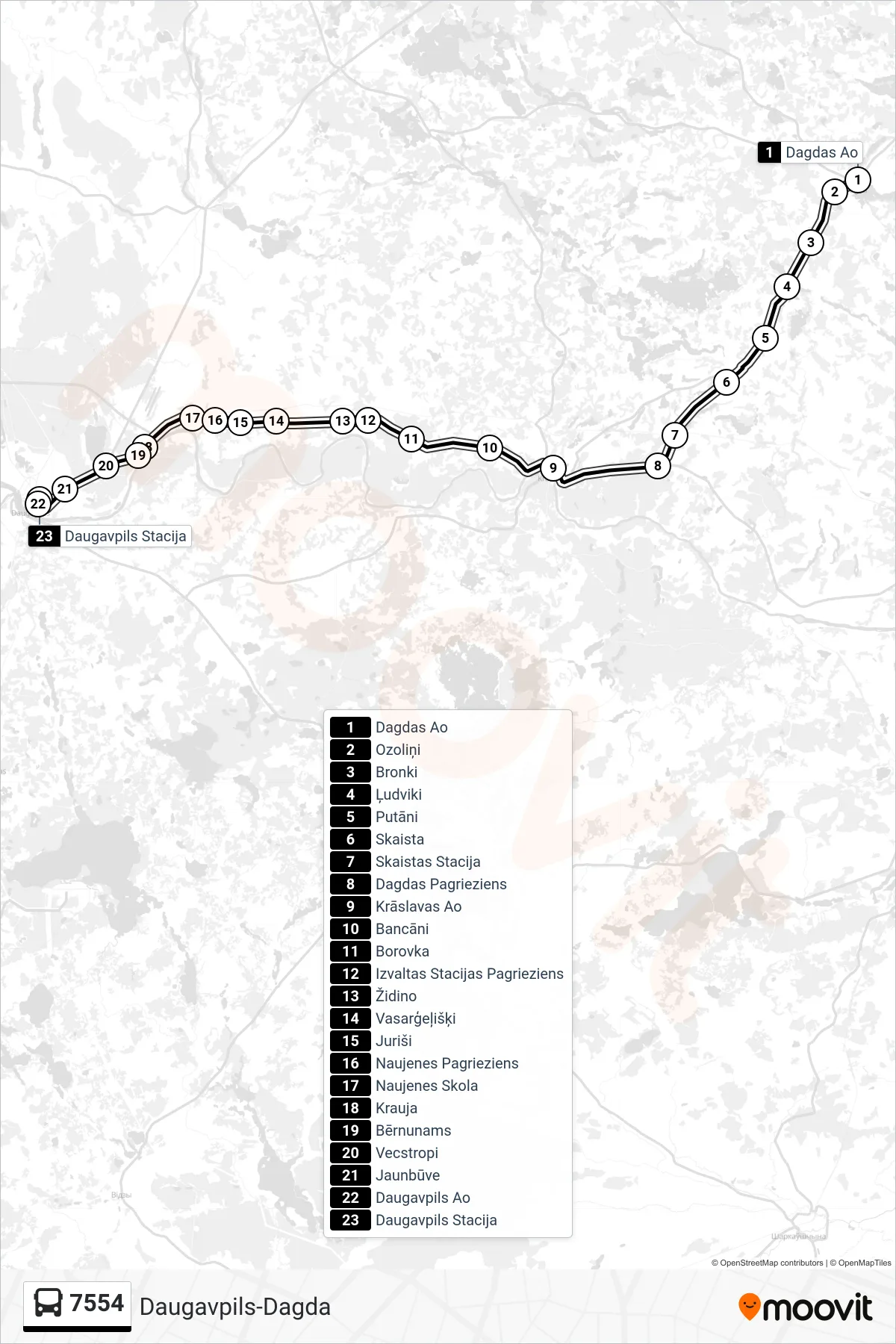 7554 bus Line (Daugavpils Ao) route and stops on a map