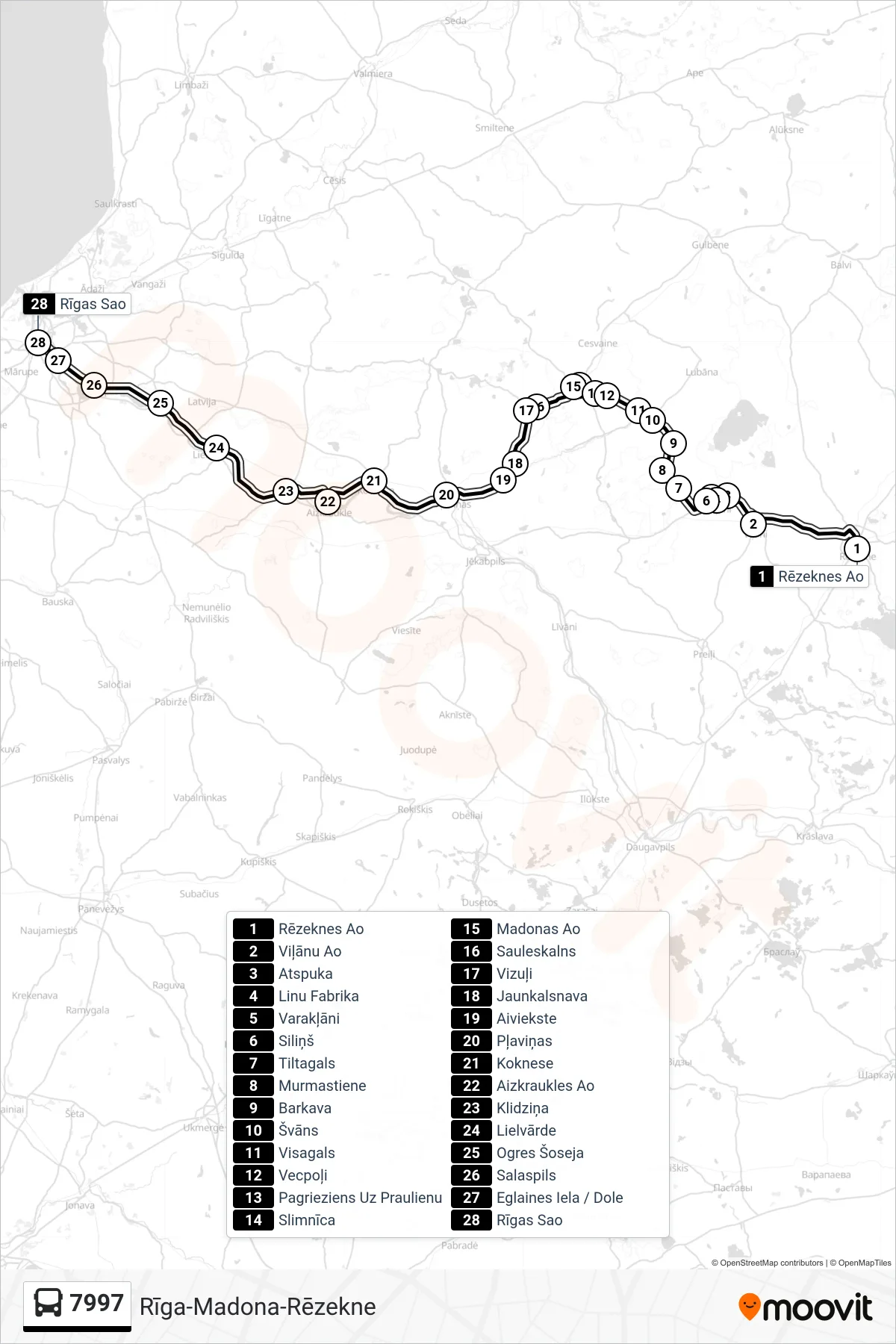 7997 bus Line (Rīgas Sao) route and stops on a map