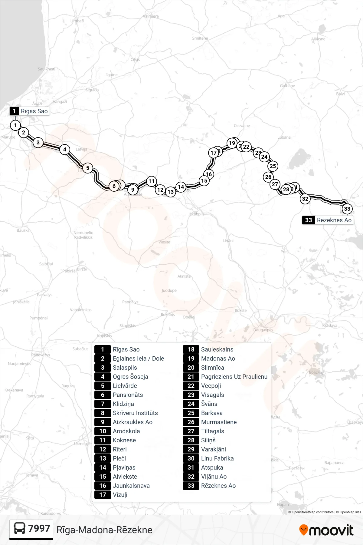 7997 bus Line (Rēzeknes Ao) route and stops on a map