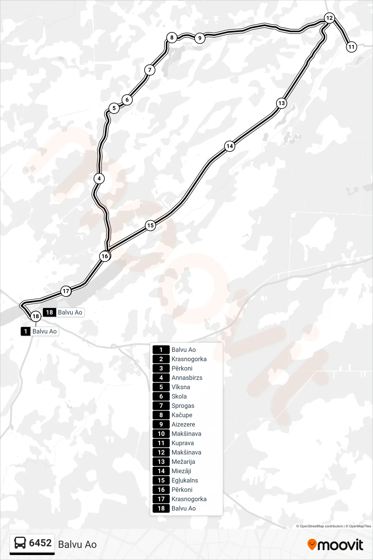 6452 bus Line (Balvu Ao) route and stops on a map