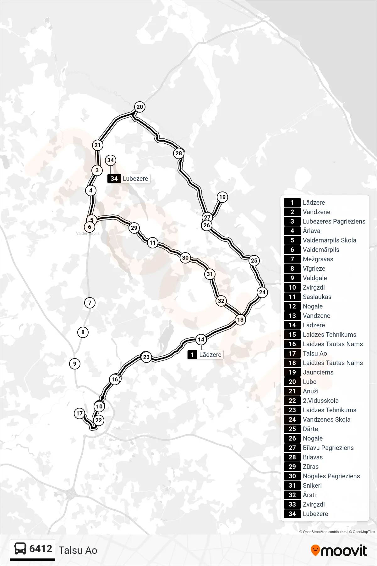 6412 bus Line (Talsu Ao) route and stops on a map