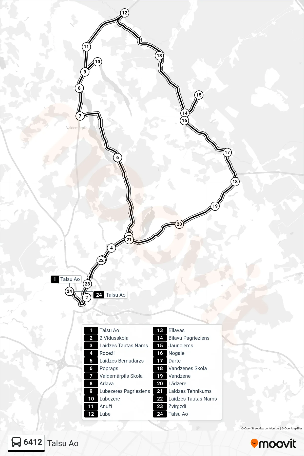 6412 bus Line (Talsu Ao) route and stops on a map