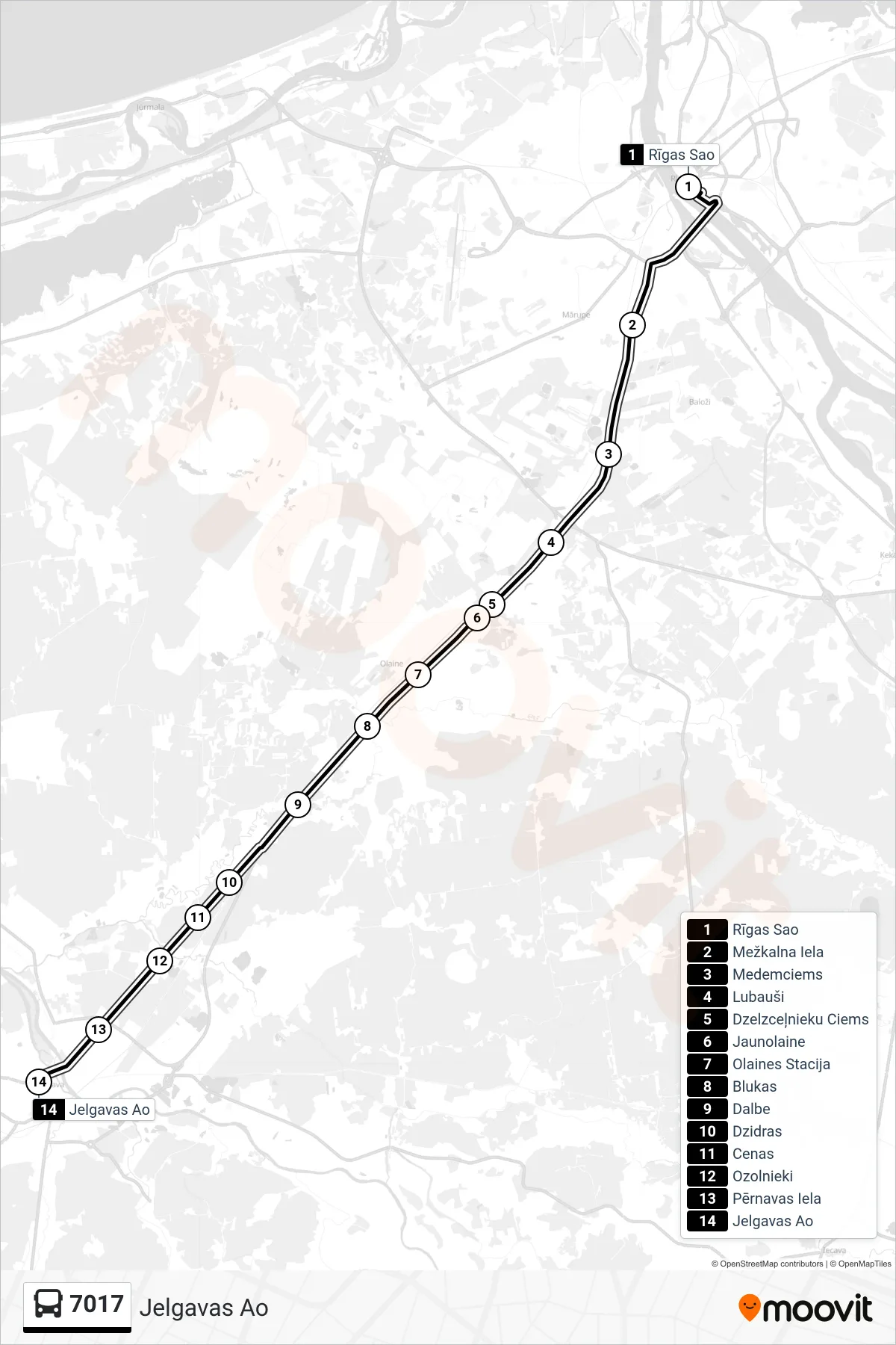 7017 bus Line (Jelgavas Ao) route and stops on a map