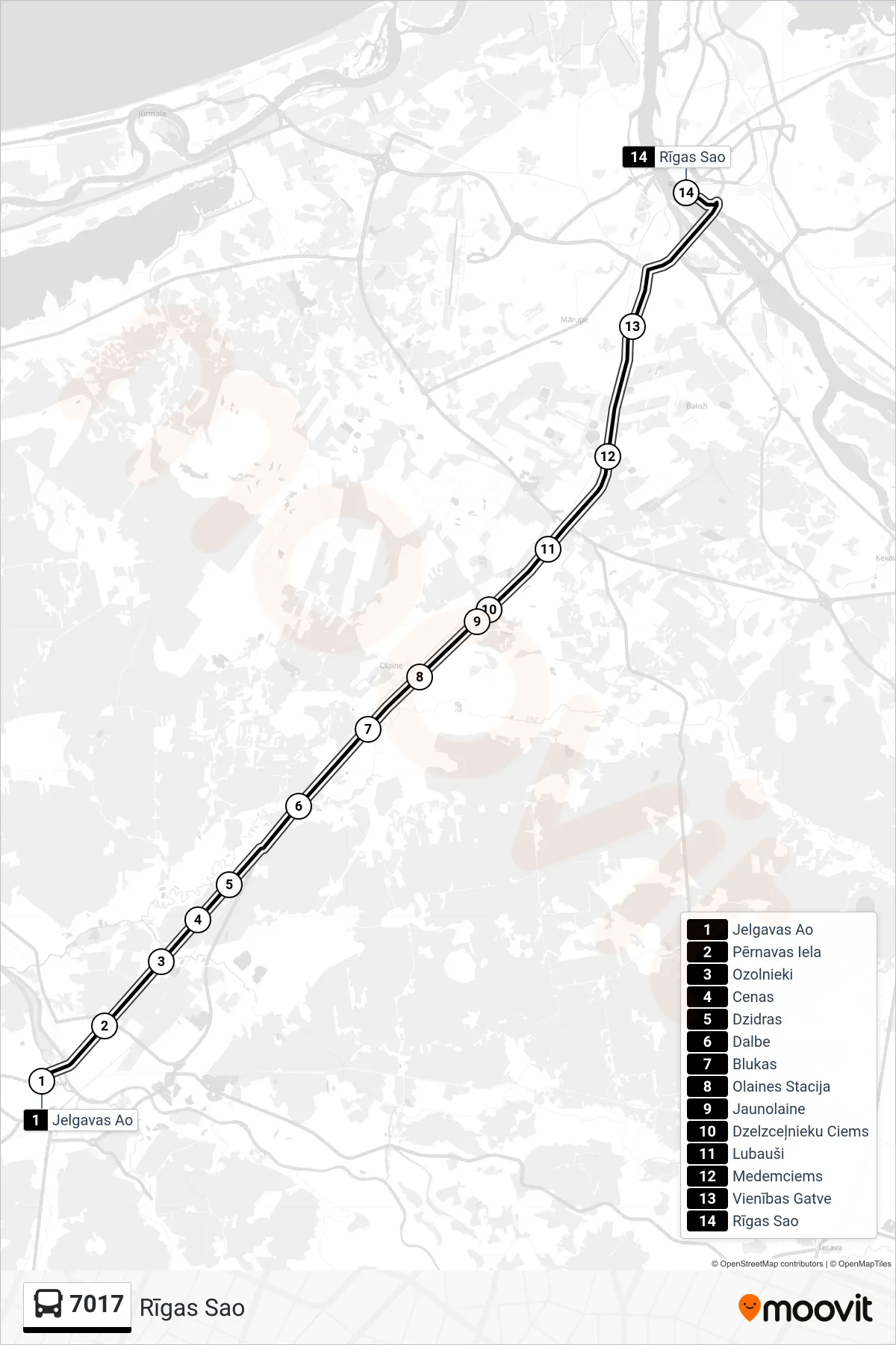 7017 bus Line (Rīgas Sao) route and stops on a map
