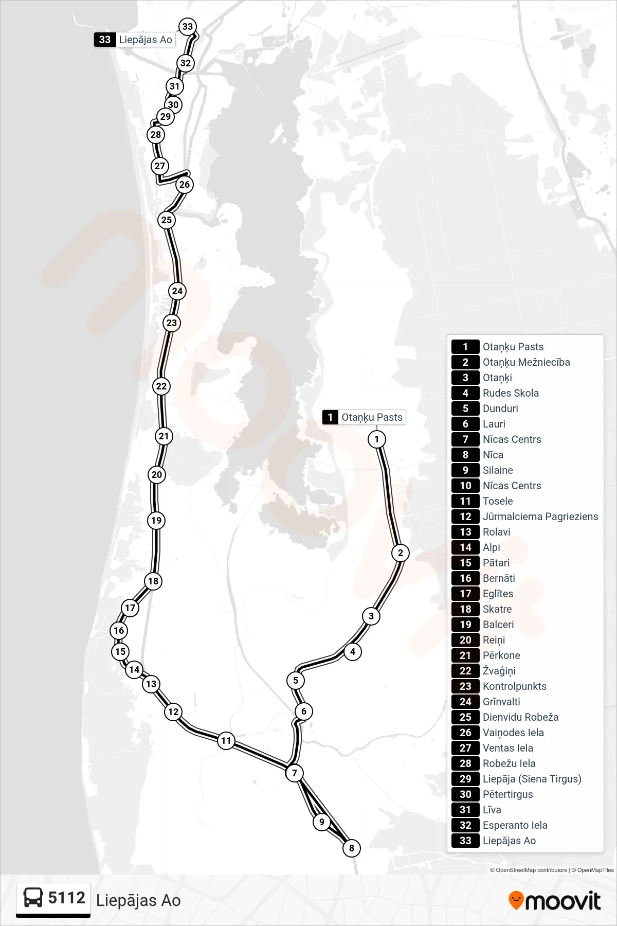 5112 bus Line (Liepājas Ao) route and stops on a map
