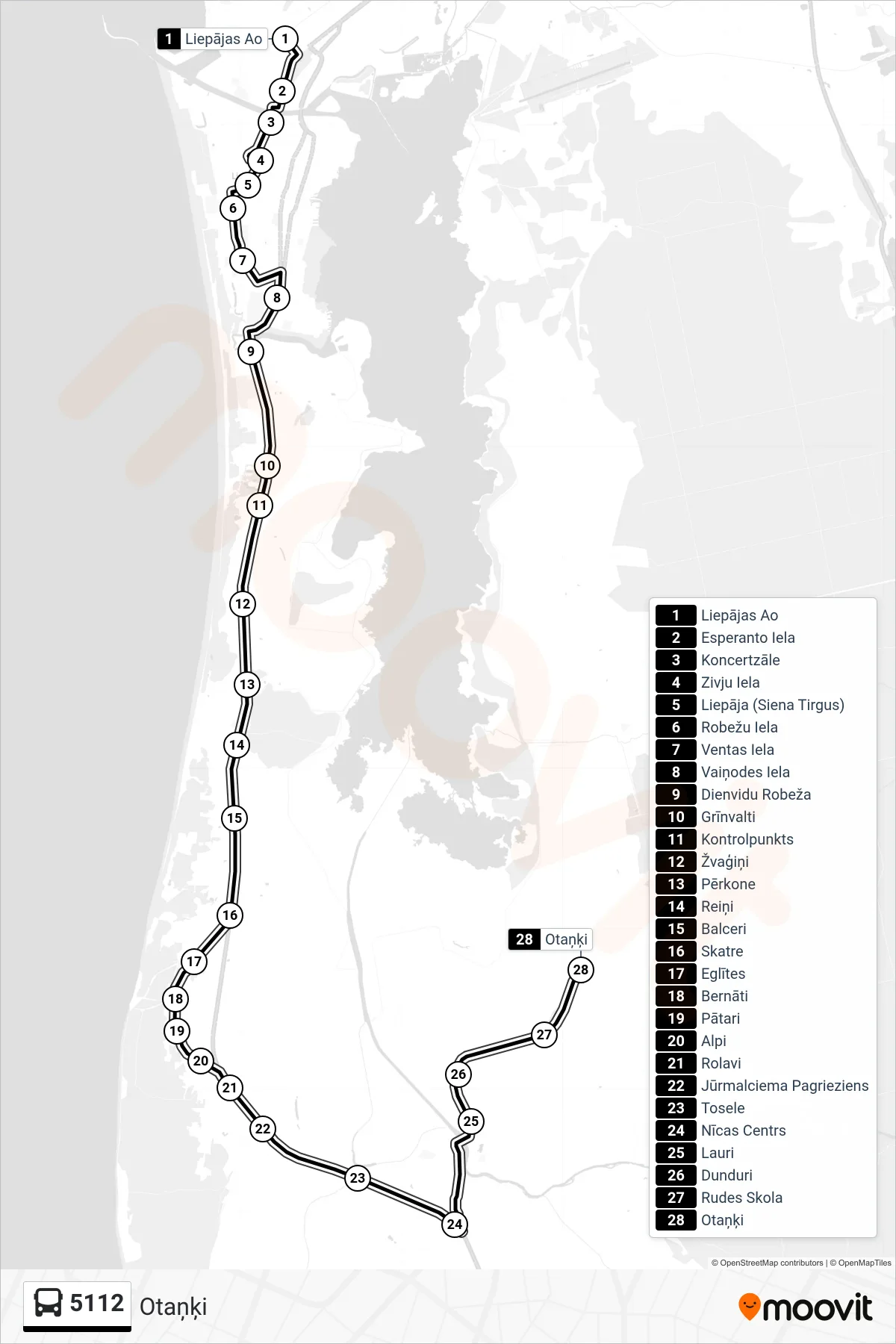 5112 bus Line (Otaņķi) route and stops on a map