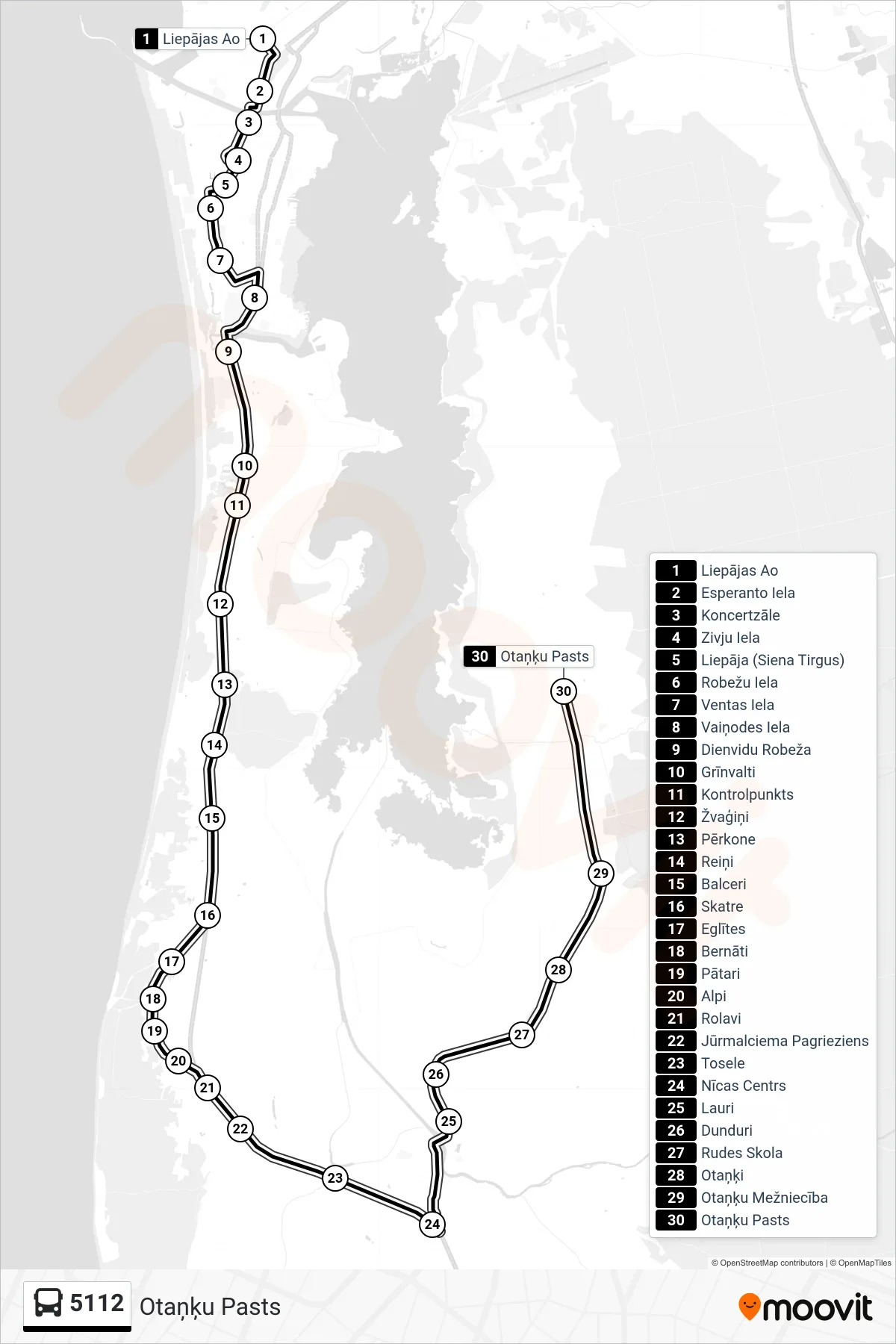 5112 bus Line (Otaņķu Pasts) route and stops on a map