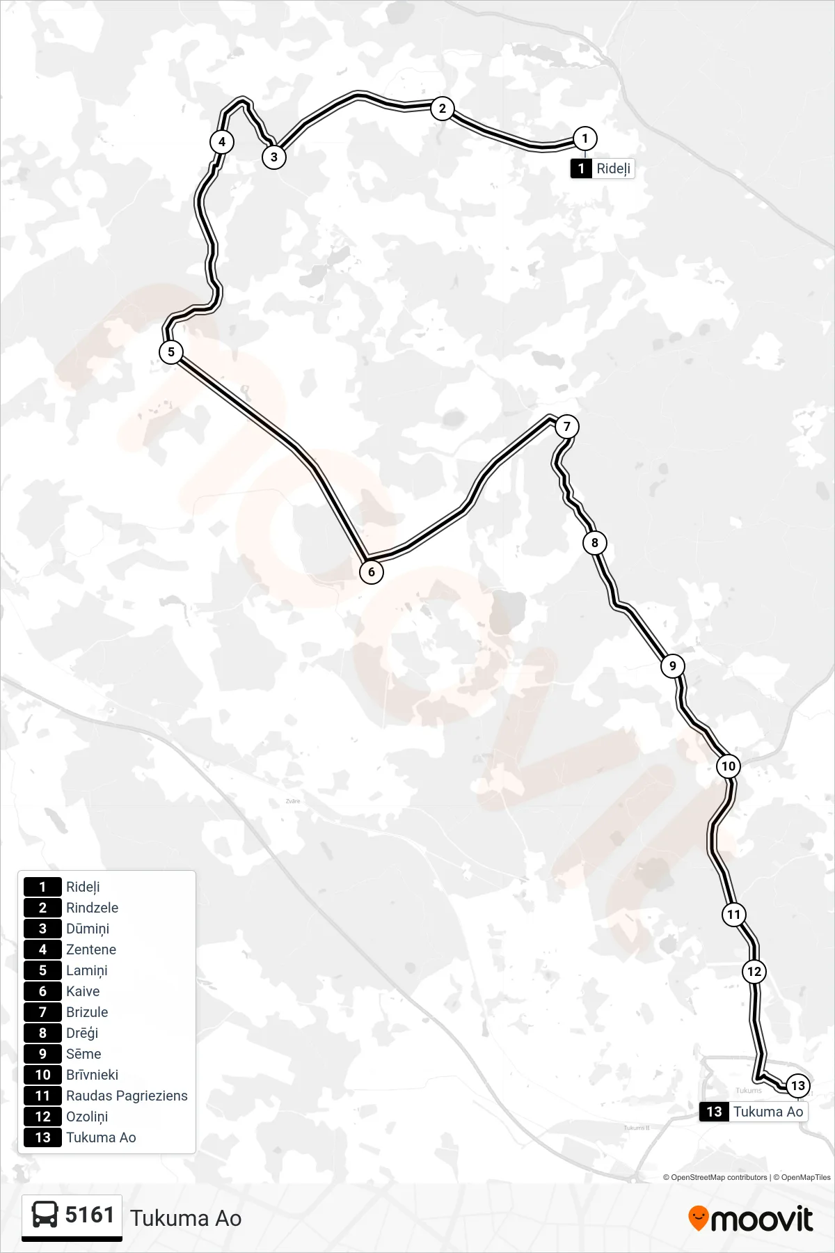 5161 bus Line (Tukuma Ao) route and stops on a map