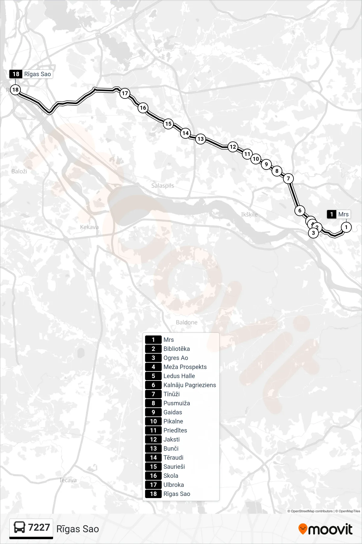 7227 bus Line (Rīgas Sao) route and stops on a map