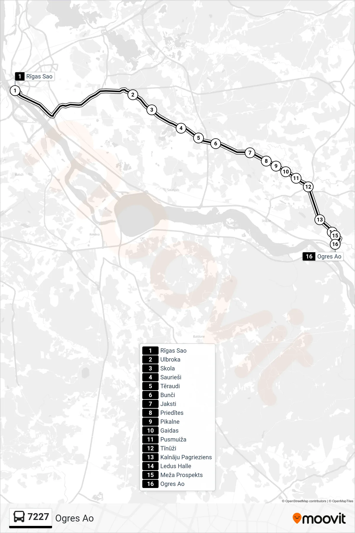 7227 bus Line (Ogres Ao) route and stops on a map