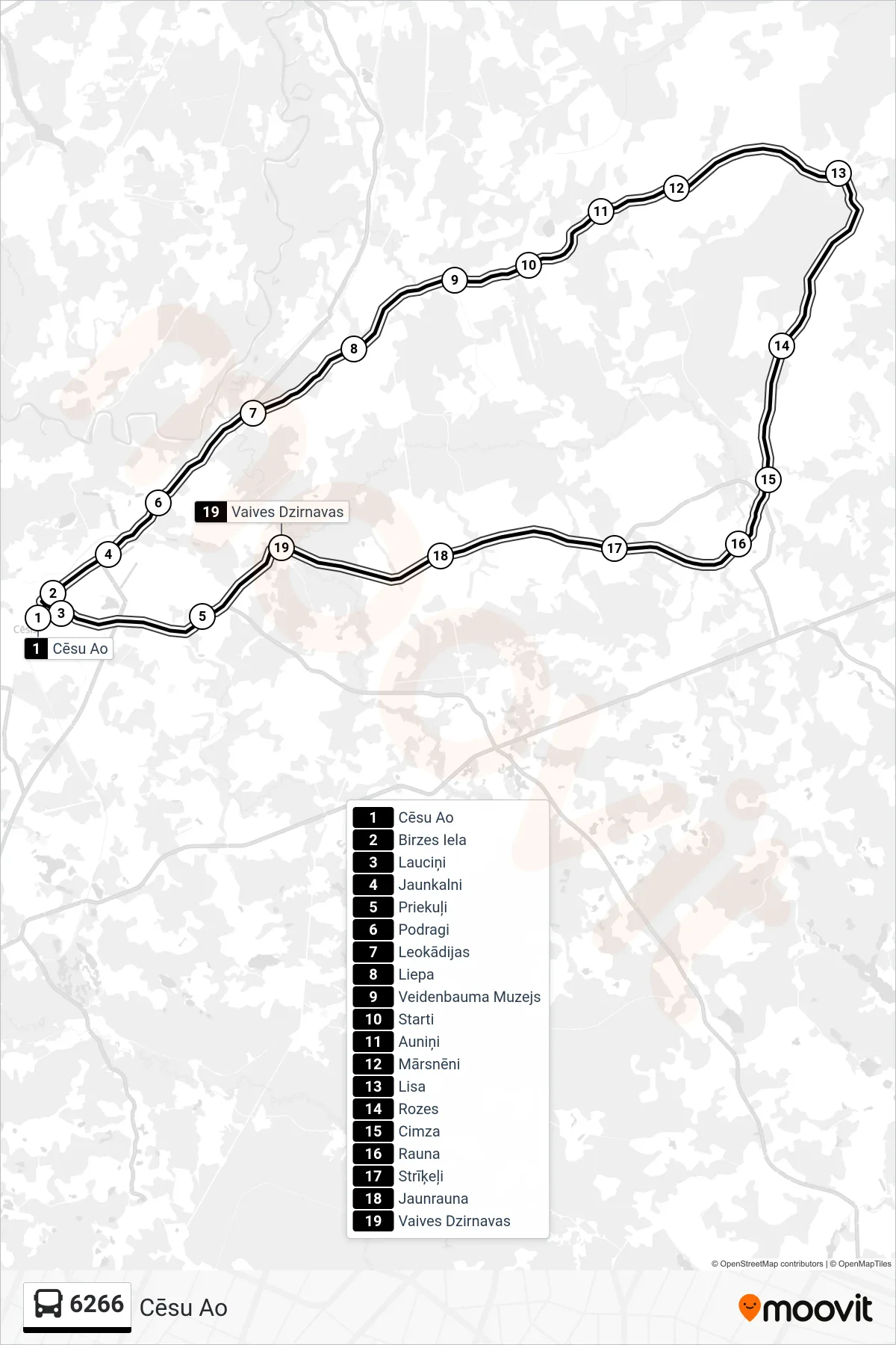 6266 bus Line (Cēsu Ao) route and stops on a map