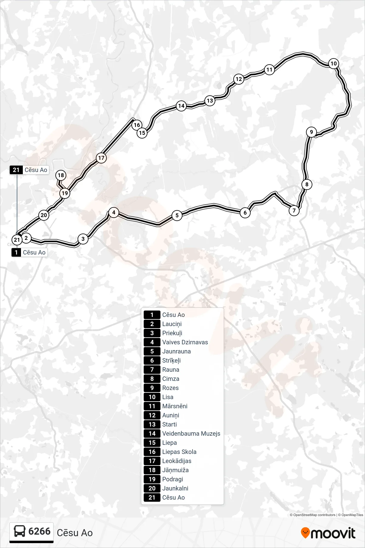 6266 bus Line (Cēsu Ao) route and stops on a map
