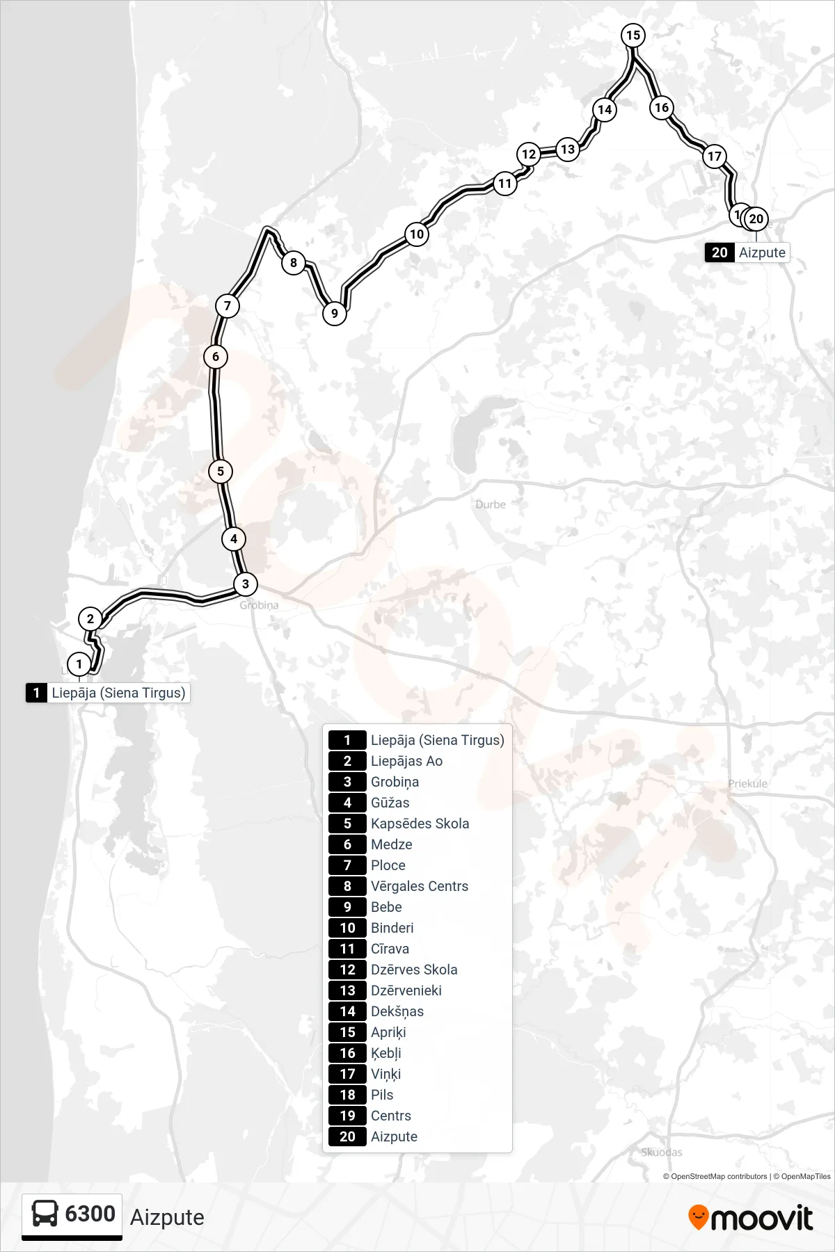6300 bus Line (Aizpute) route and stops on a map