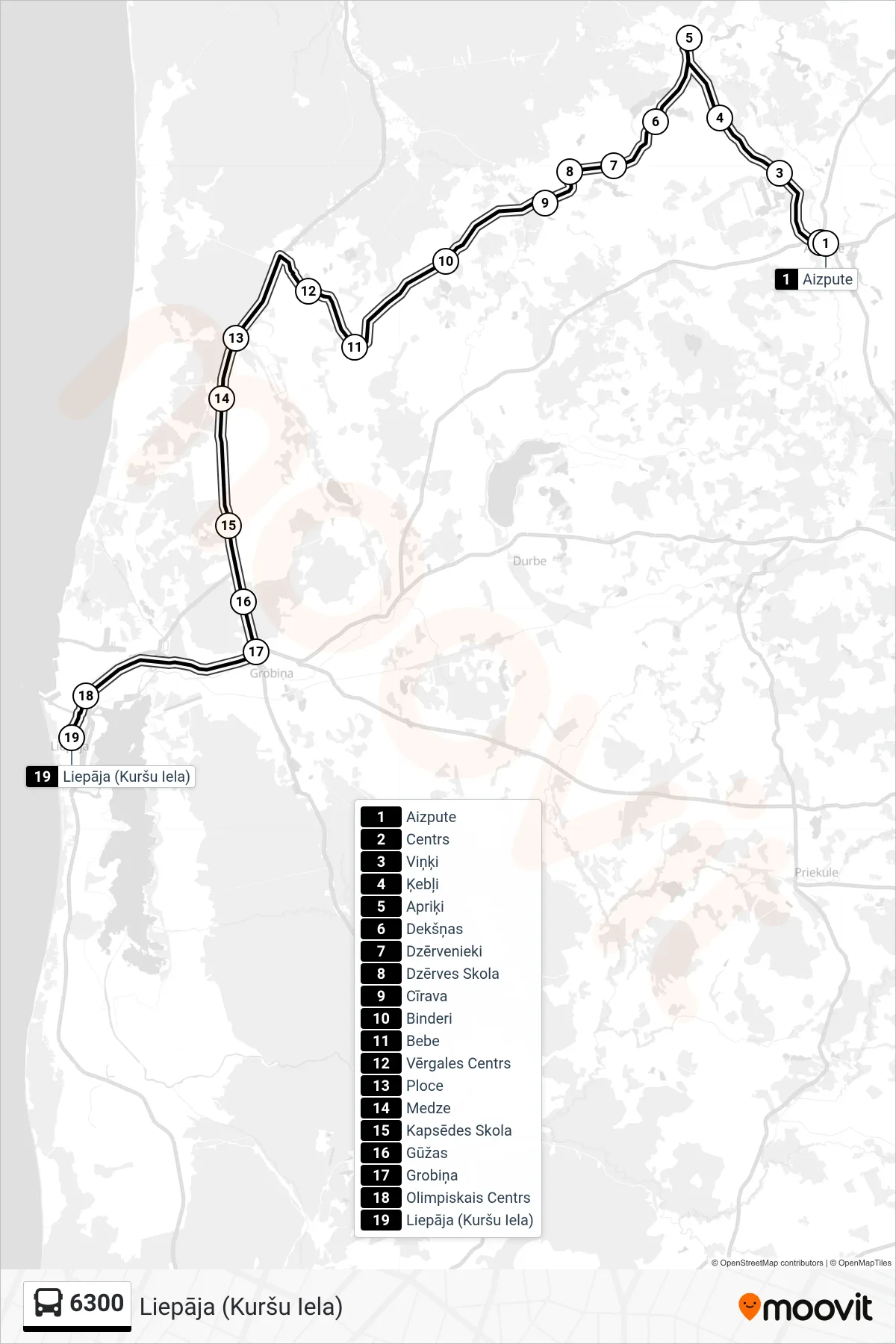 6300 bus Line (Liepāja (Kuršu Iela)) route and stops on a map
