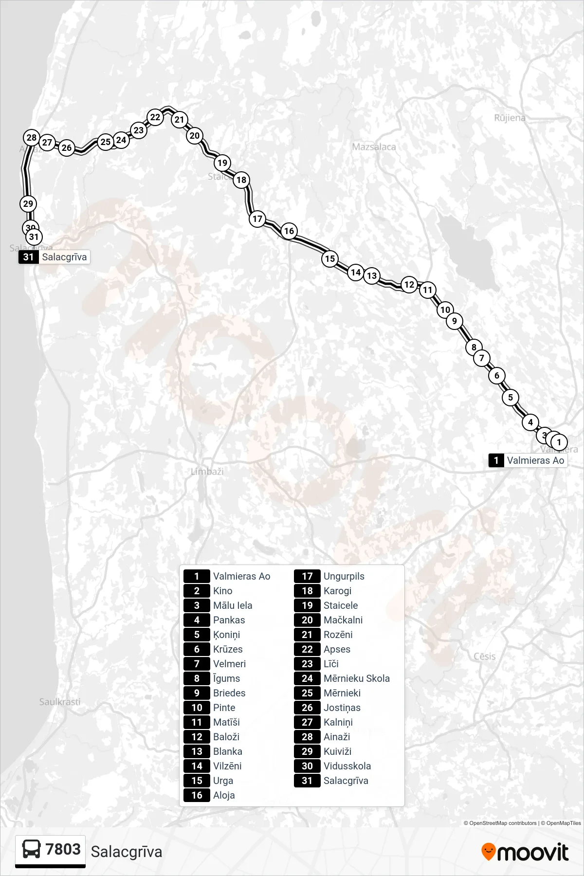 7803 bus Line (Salacgrīva) route and stops on a map
