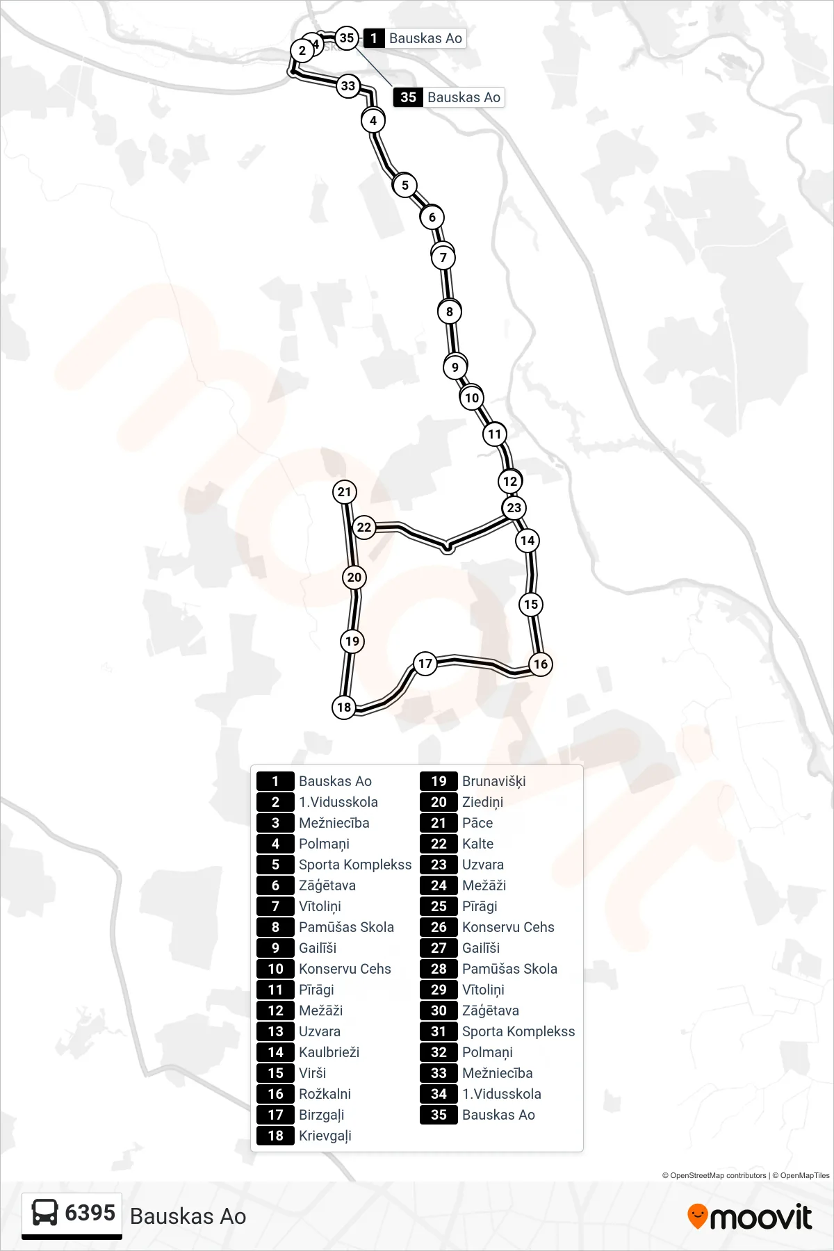 6395 bus Line (Bauskas Ao) route and stops on a map