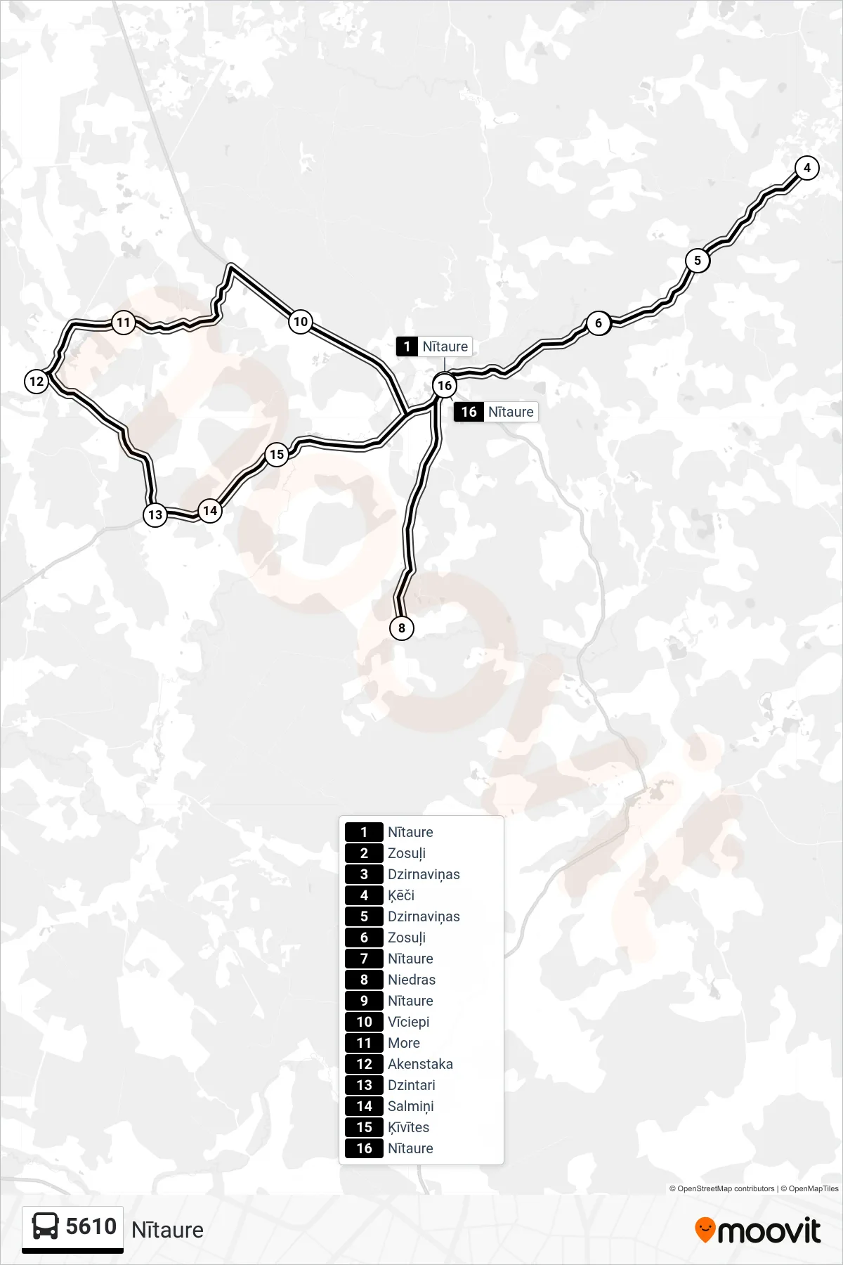 5610 bus Line (Nītaure) route and stops on a map