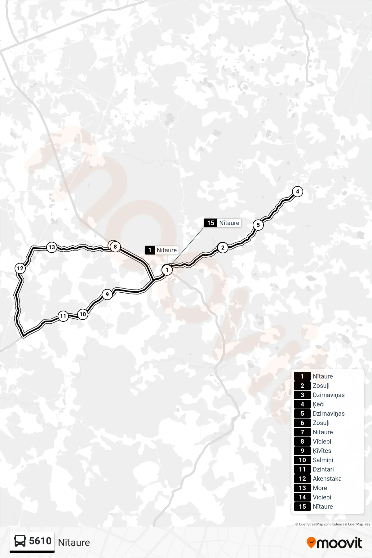 5610 bus Line (Nītaure) route and stops on a map