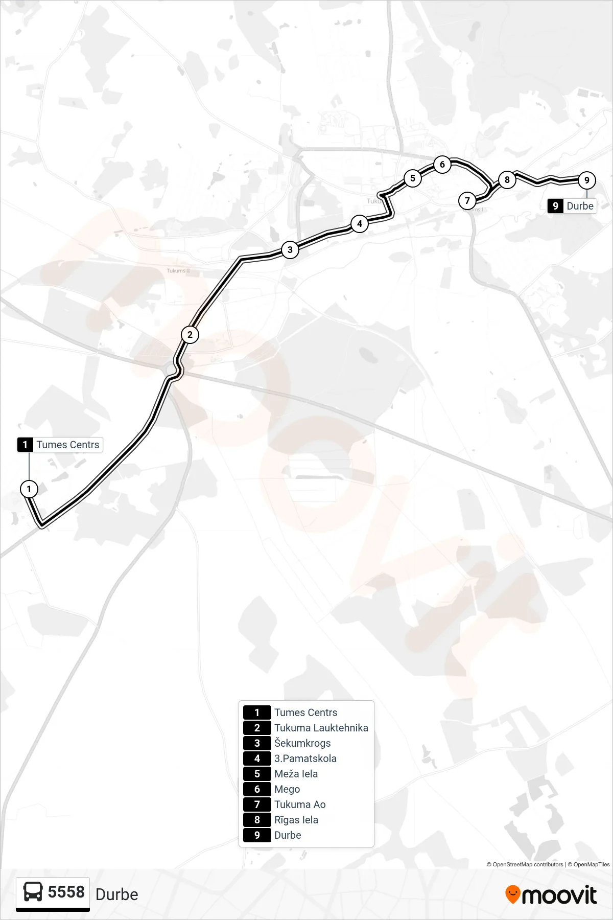 5558 bus Line (Durbe) route and stops on a map