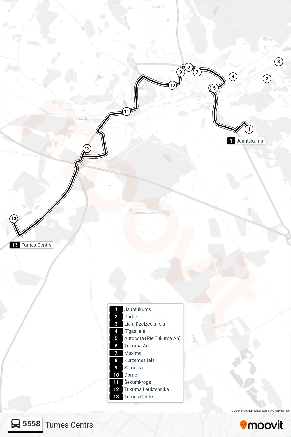 5558 bus Line (Tumes Centrs) route and stops on a map