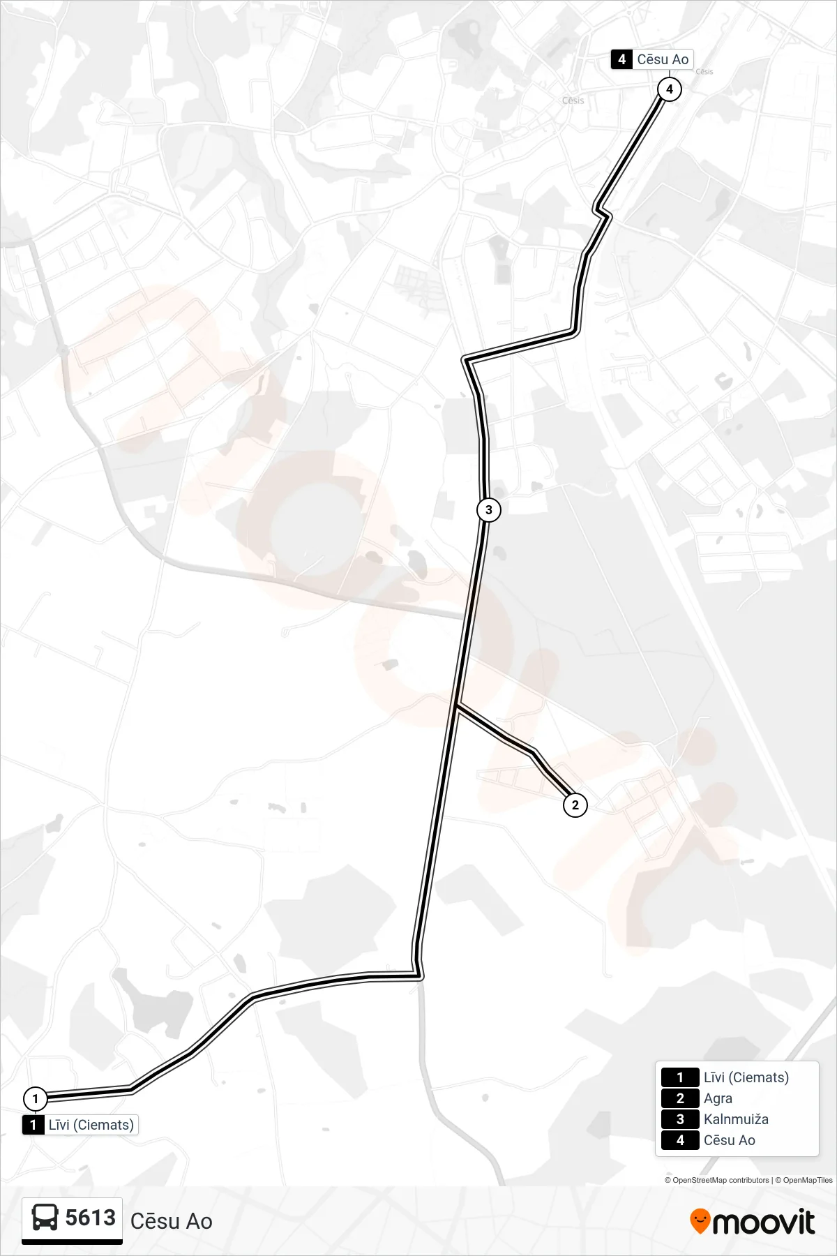 5613 bus Line (Cēsu Ao) route and stops on a map