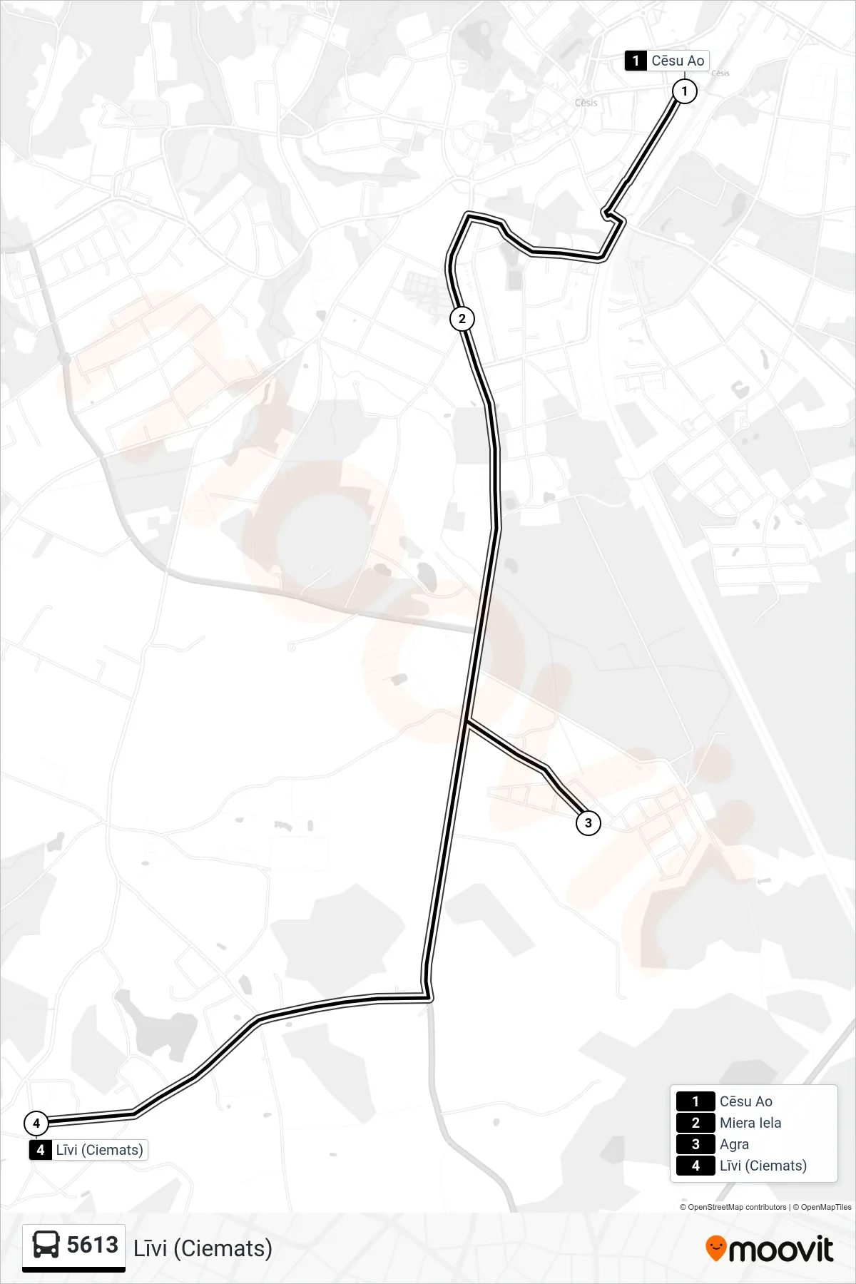 5613 bus Line (Līvi (Ciemats)) route and stops on a map
