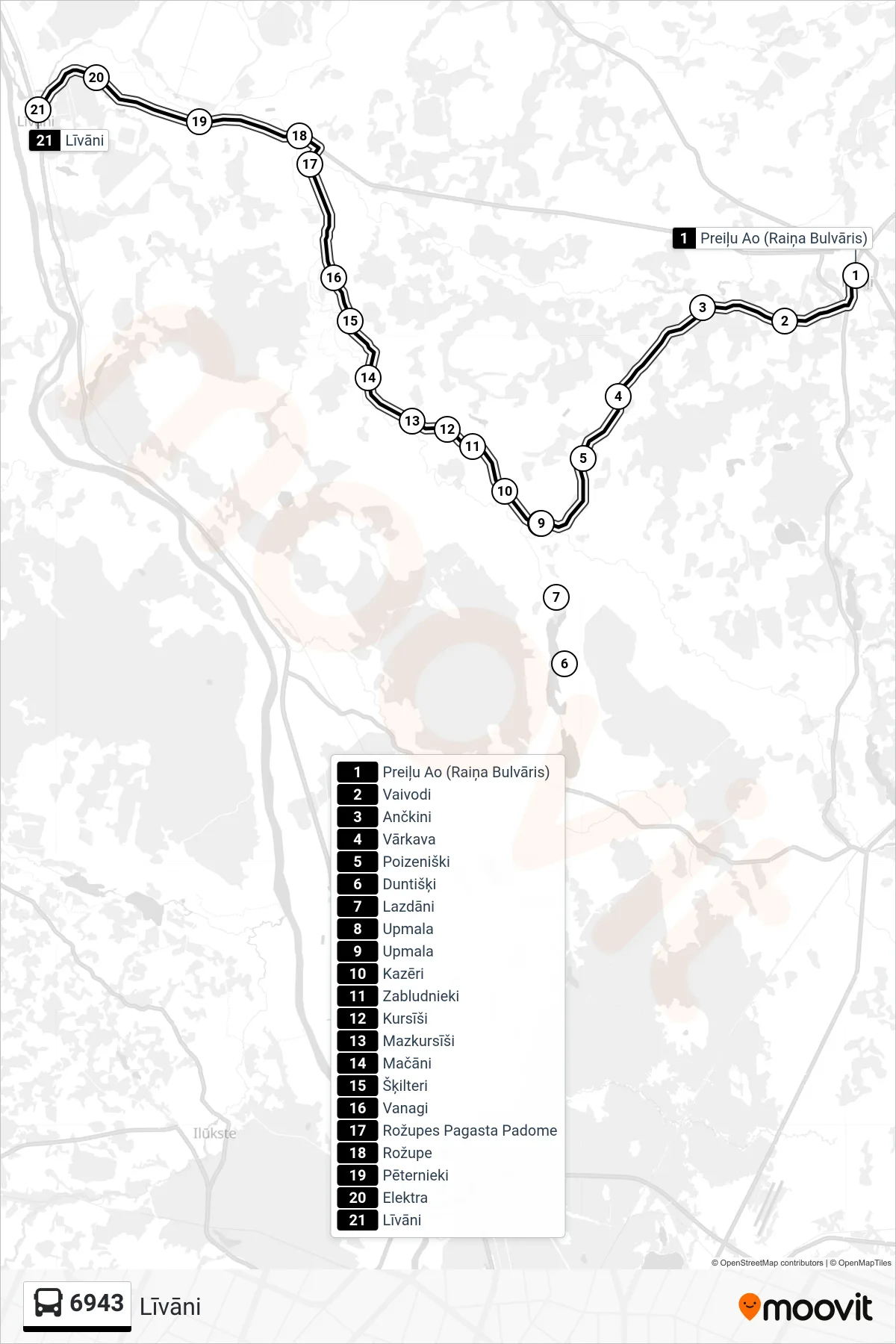6943 bus Line (Līvāni) route and stops on a map