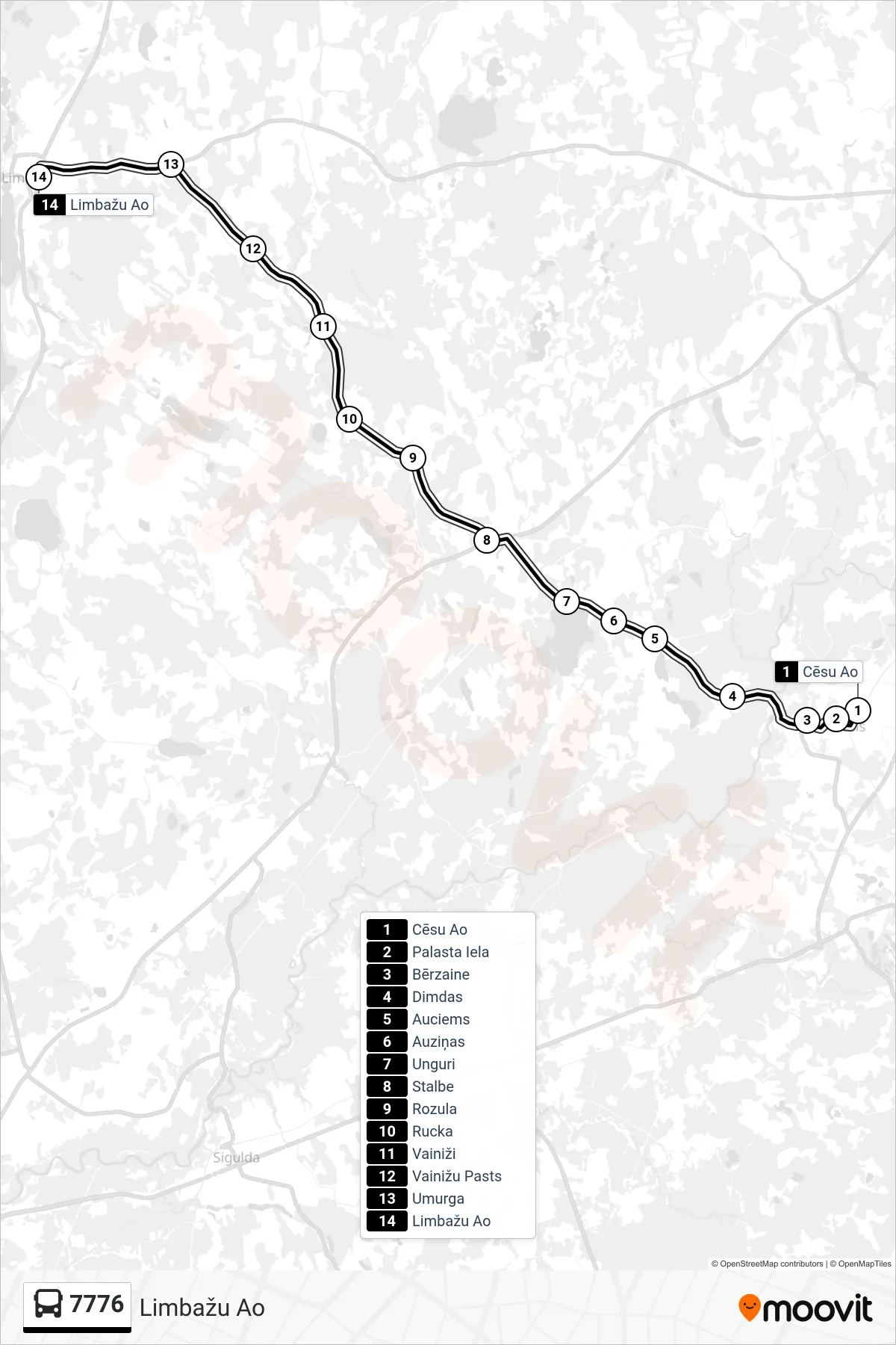 7776 bus Line (Limbažu Ao) route and stops on a map