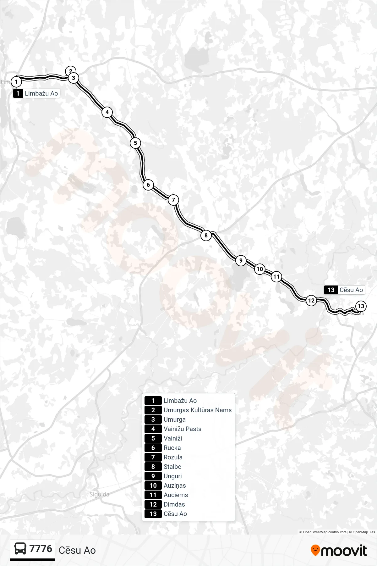 7776 bus Line (Cēsu Ao) route and stops on a map