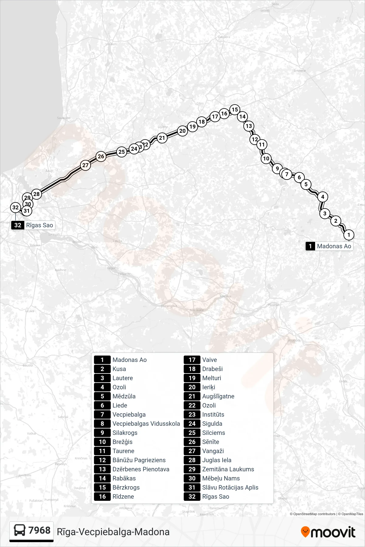 7968 bus Line (Rīgas Sao) route and stops on a map