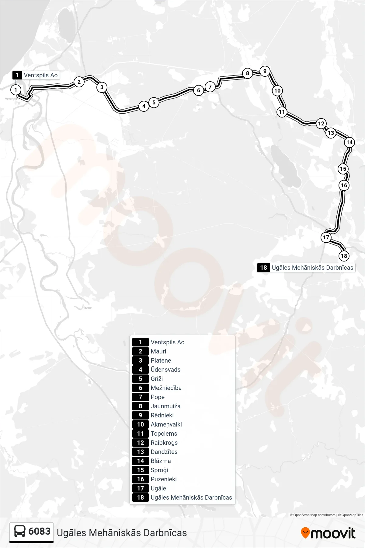 6083 bus Line (Ugāles Mehāniskās Darbnīcas) route and stops on a map