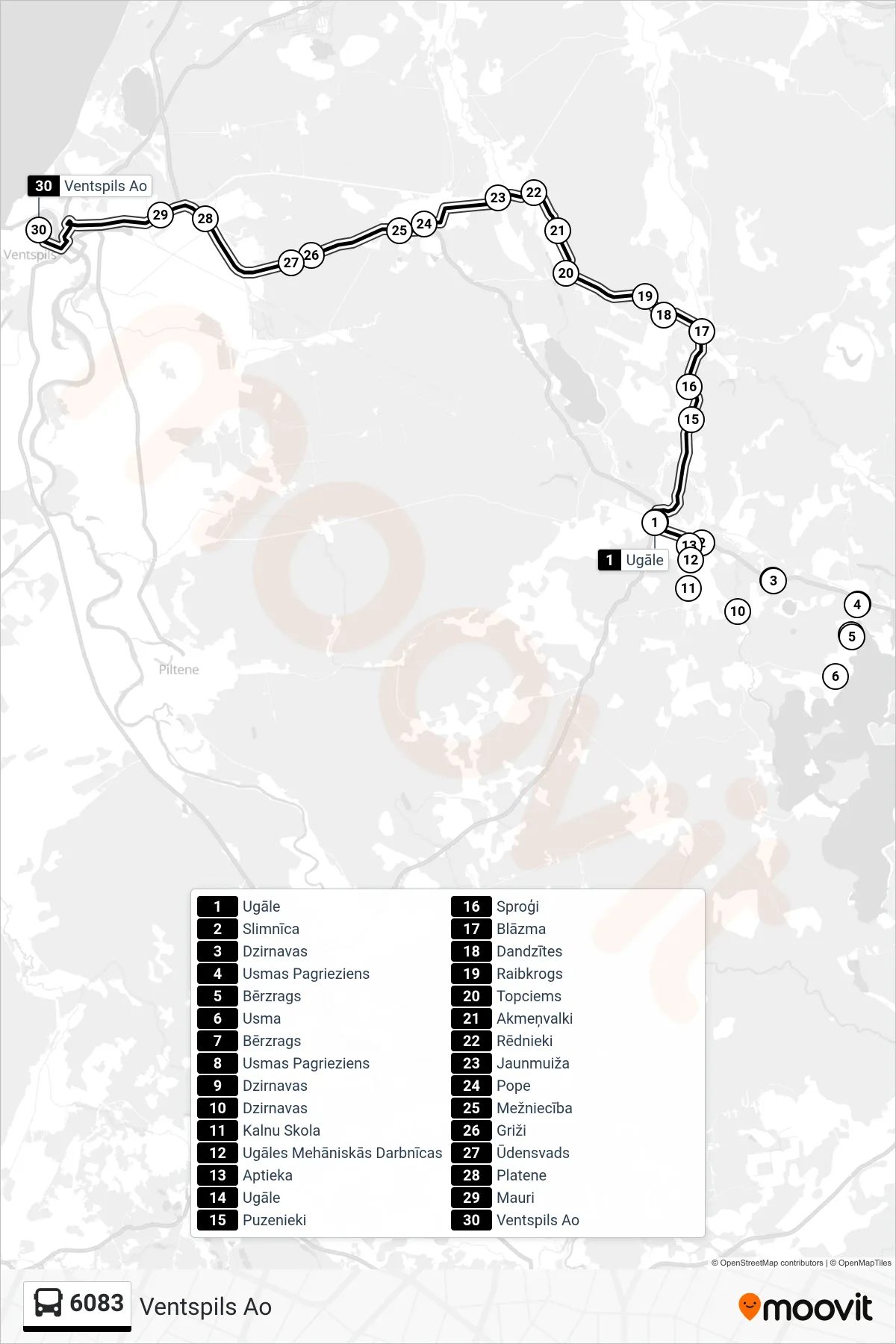 6083 bus Line (Ventspils Ao) route and stops on a map