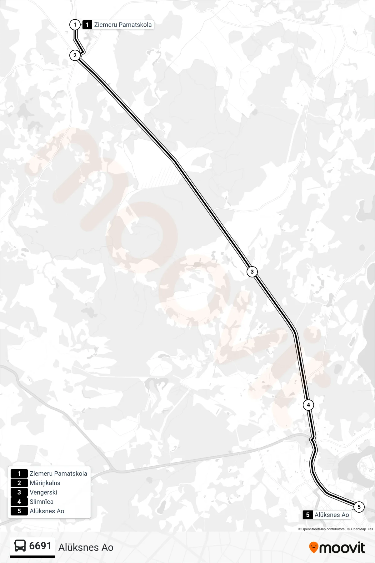 6691 bus Line (Alūksnes Ao) route and stops on a map