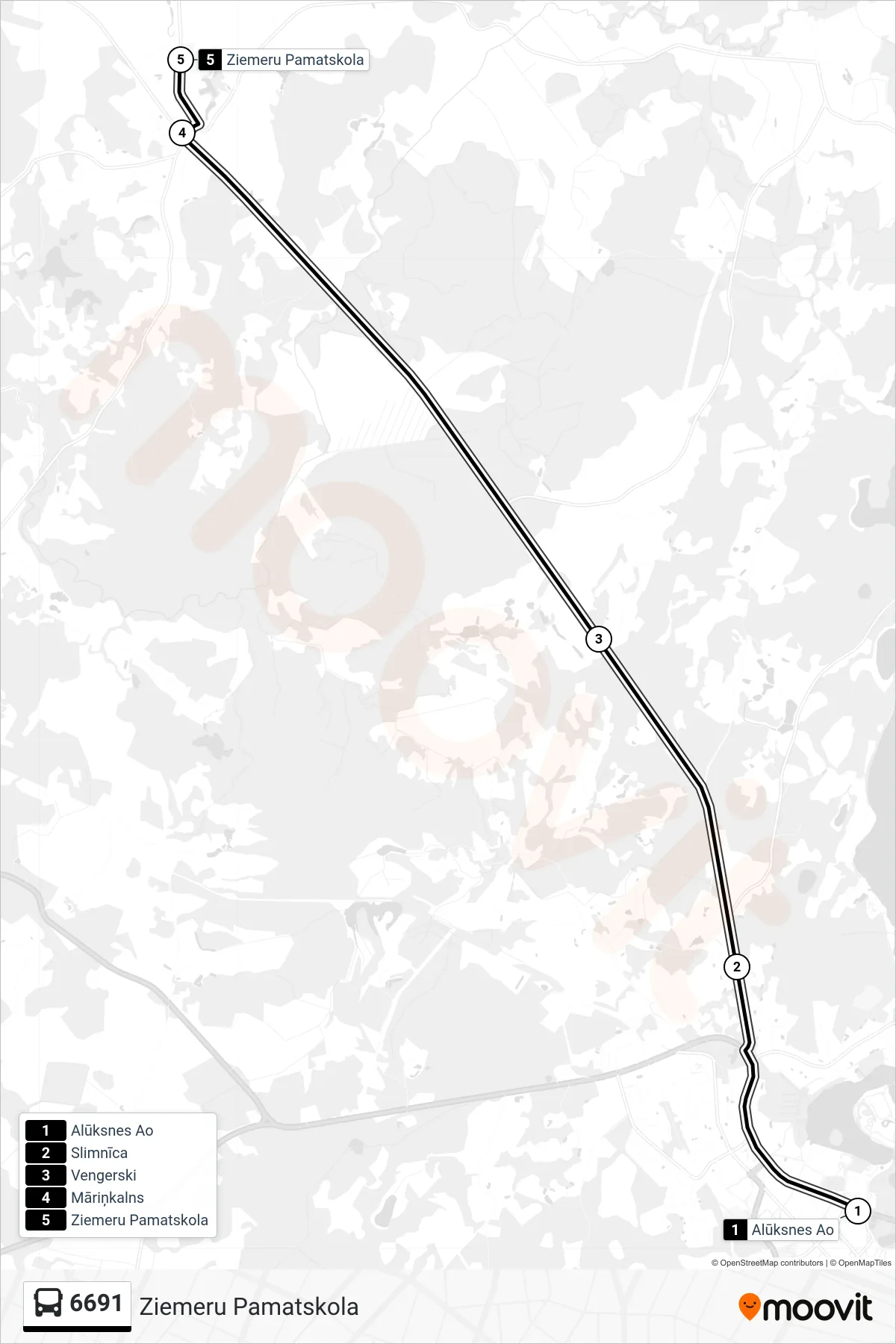 6691 bus Line (Ziemeru Pamatskola) route and stops on a map