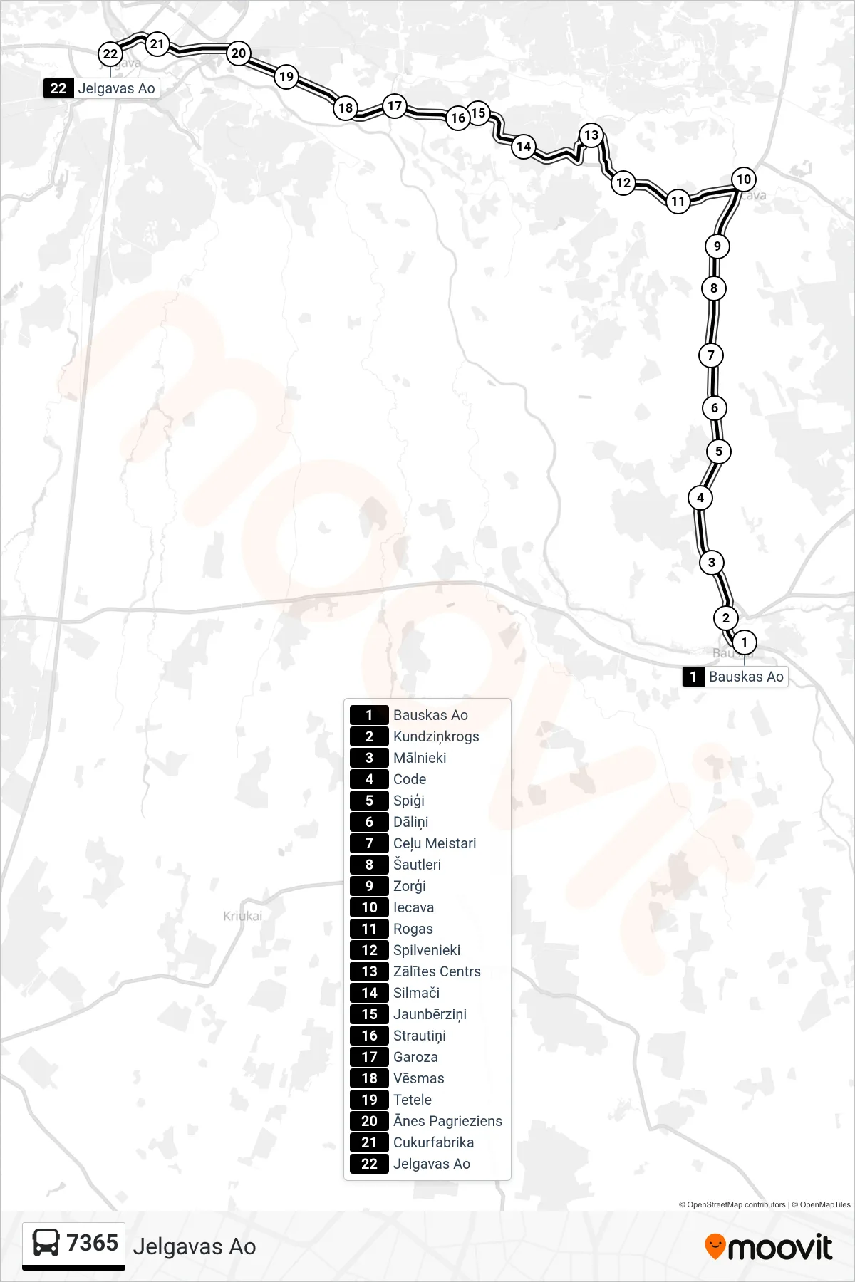 7365 bus Line (Jelgavas Ao) route and stops on a map