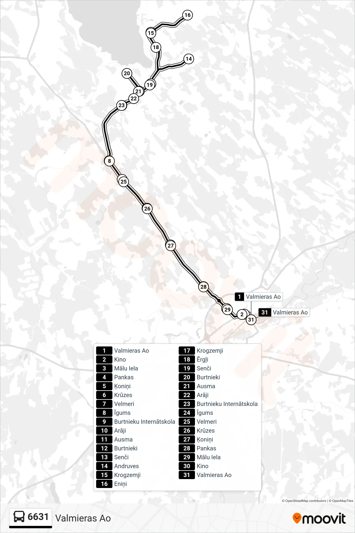 6631 bus Line (Valmieras Ao) route and stops on a map