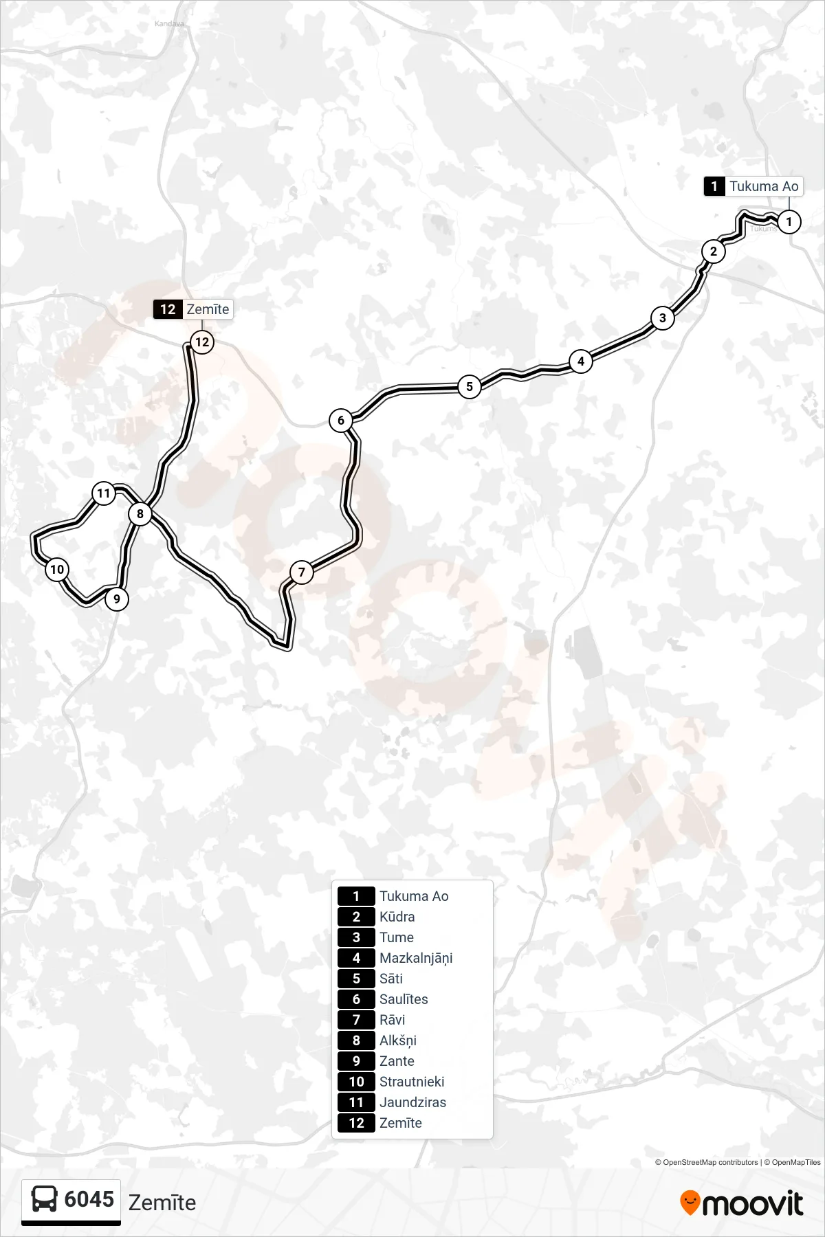 6045 bus Line (Zemīte) route and stops on a map