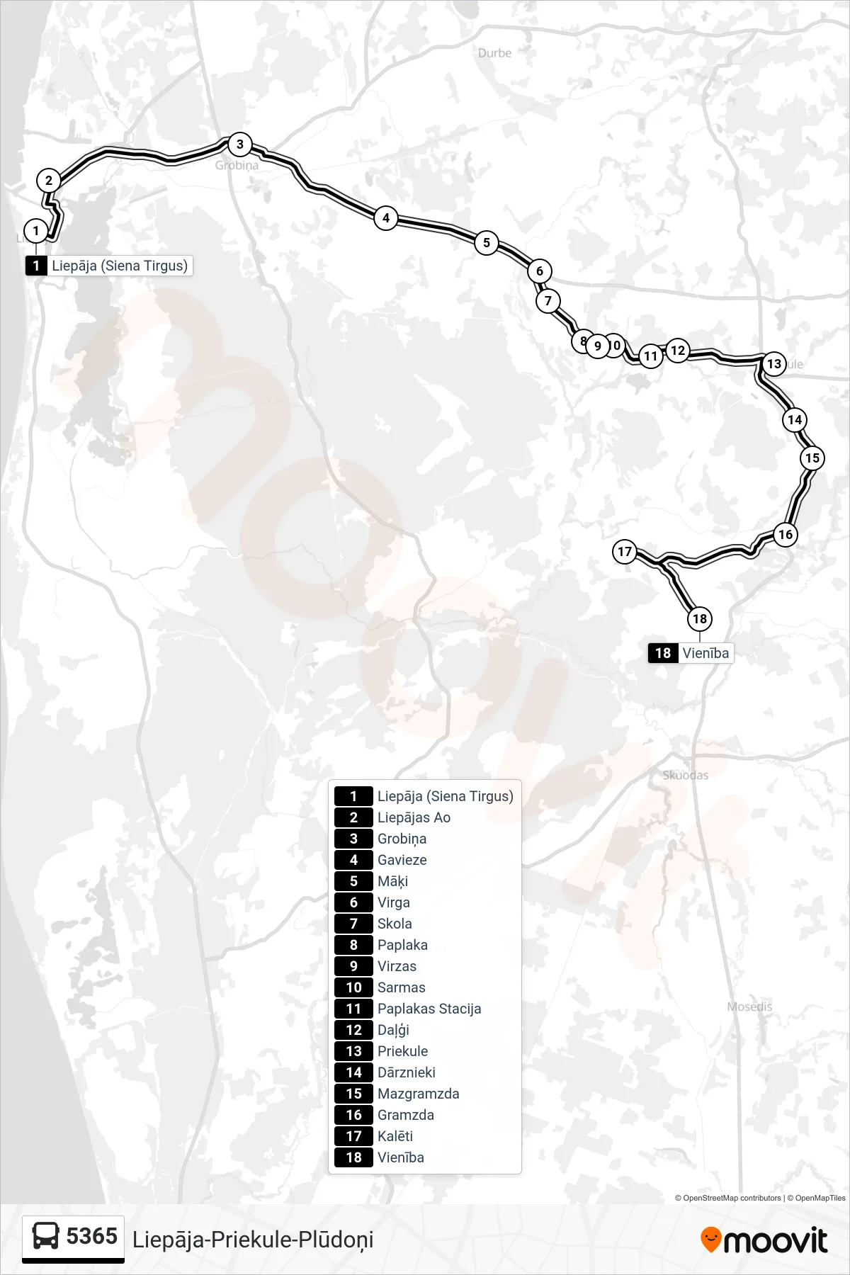 5365 bus Line (Vienība) route and stops on a map