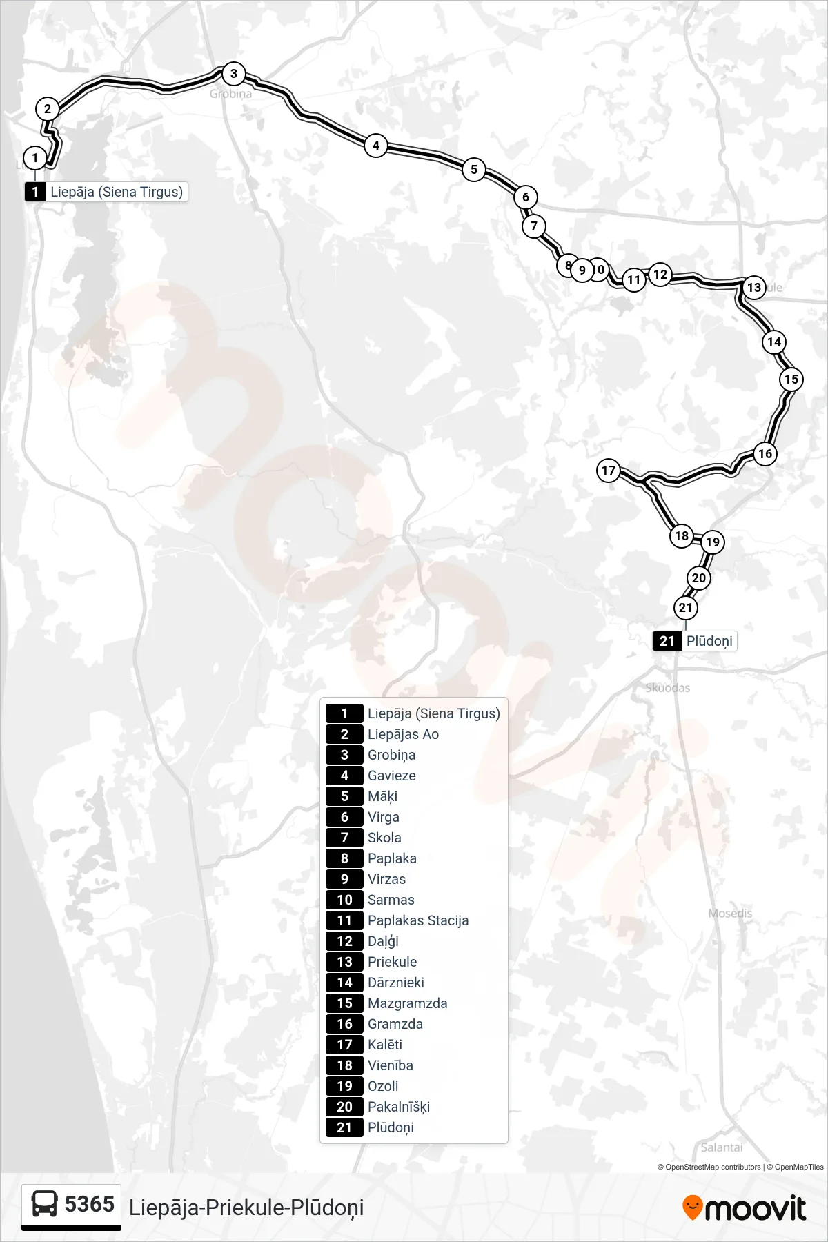 5365 bus Line (Plūdoņi) route and stops on a map